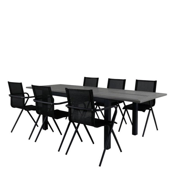 ALINA ALBANY Matbord 160/240x90 cm + 6 stolar - Svart/Grå | Utemöbler-Matgrupp Utomhus-Venture Home-peaceofhome.se