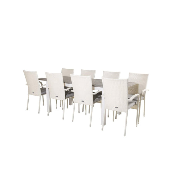 ANNA ALBANY Matbord 160/240x90 cm + 8 stolar - Vit/Grå | Utemöbler-Matgrupp Utomhus-Venture Home-peaceofhome.se