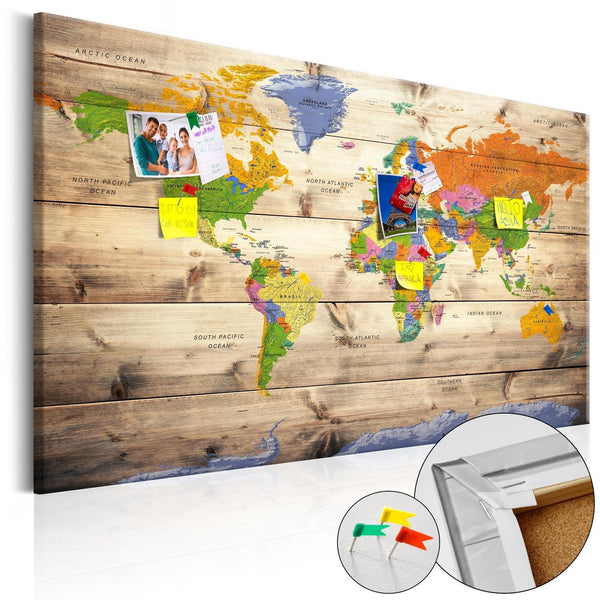 Anslagstavla i kork - Map on wood: Colourful Travels-Anslagstavla-Artgeist-60x40-peaceofhome.se