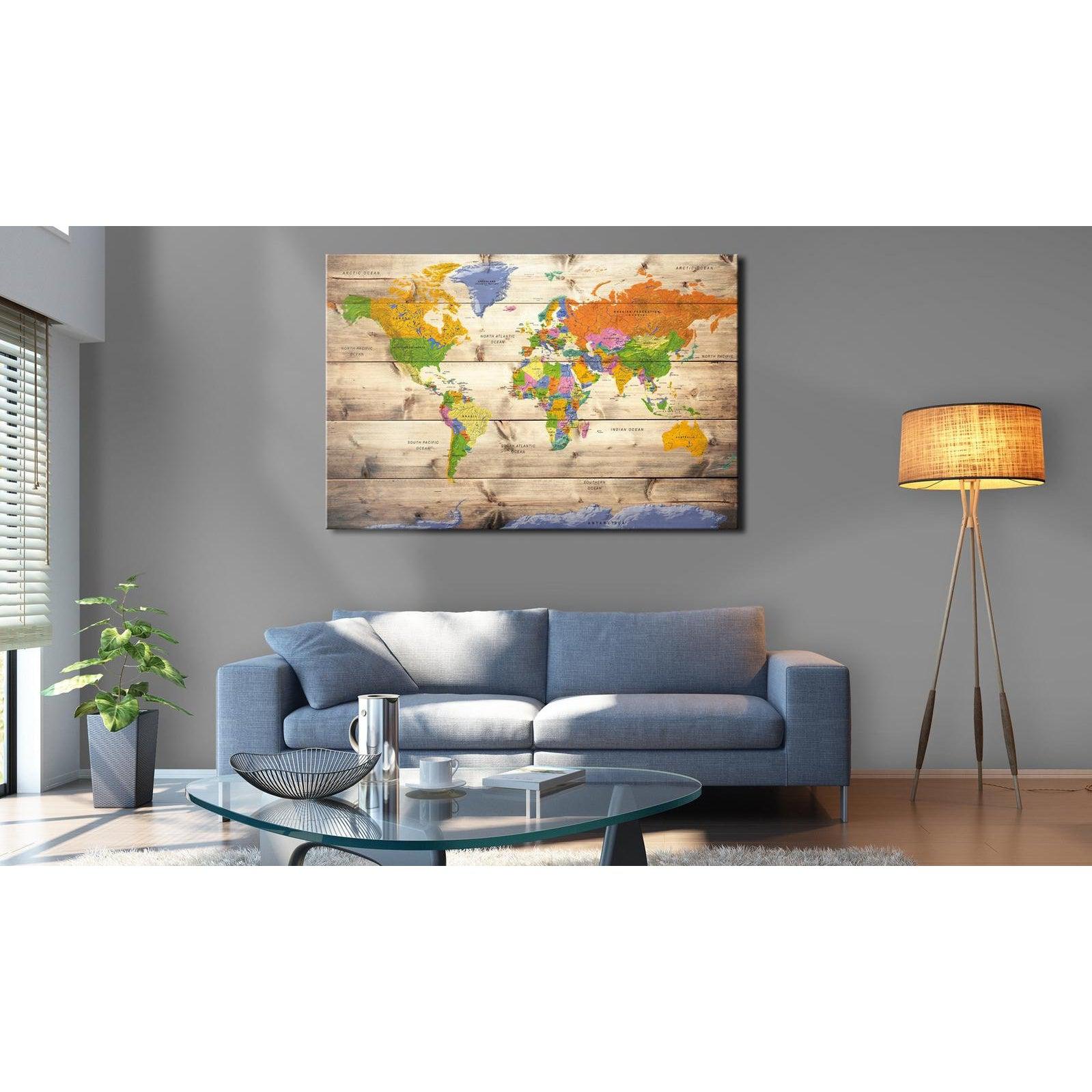 Anslagstavla i kork - Map on wood: Colourful Travels-Anslagstavla-Artgeist-peaceofhome.se