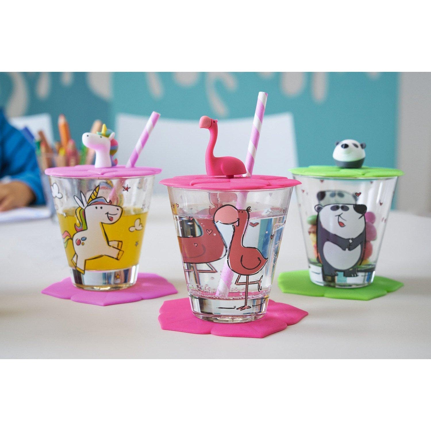BAMBINI Set om 3 glas, lock & underlägg (Flamingo, Enhörning, Panda)-Dricksglas-Leonardo-peaceofhome.se