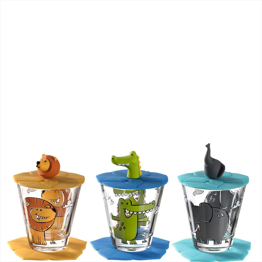 BAMBINI Set om 3 glas, lock & underlägg (Lejon, Krokodil, Elefant)-Dricksglas-Leonardo-peaceofhome.se