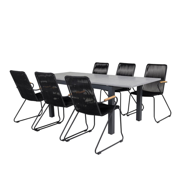 BOIS ALBANY Matbord 160/240x100cm + 6 stolar - Svart/Grå | Utemöbler-Matgrupp Utomhus-Venture Home-peaceofhome.se