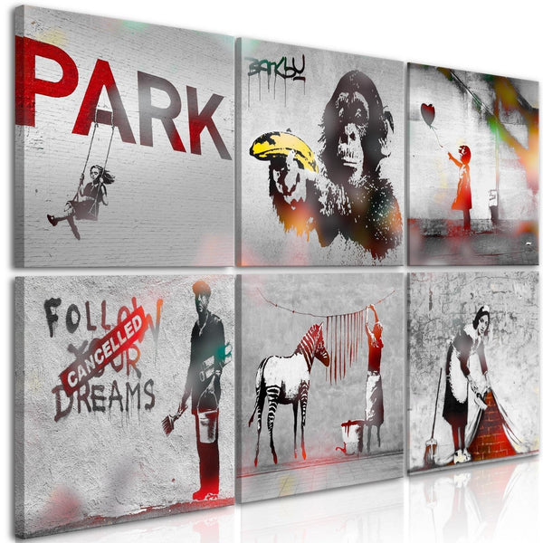 Canvas Tavla - Banksy Collage (6 delar)-Tavla Canvas-Artgeist-60x40-peaceofhome.se