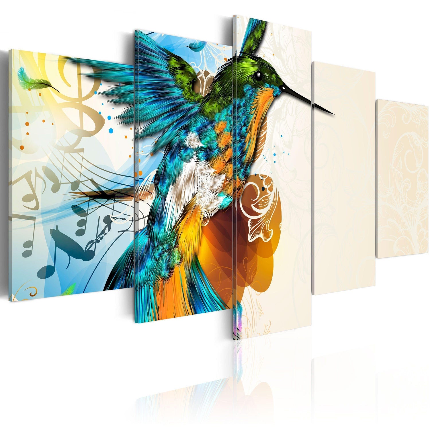 Canvas Tavla - Bird's music (5 delar)-Tavla Canvas-Artgeist-100x50-peaceofhome.se