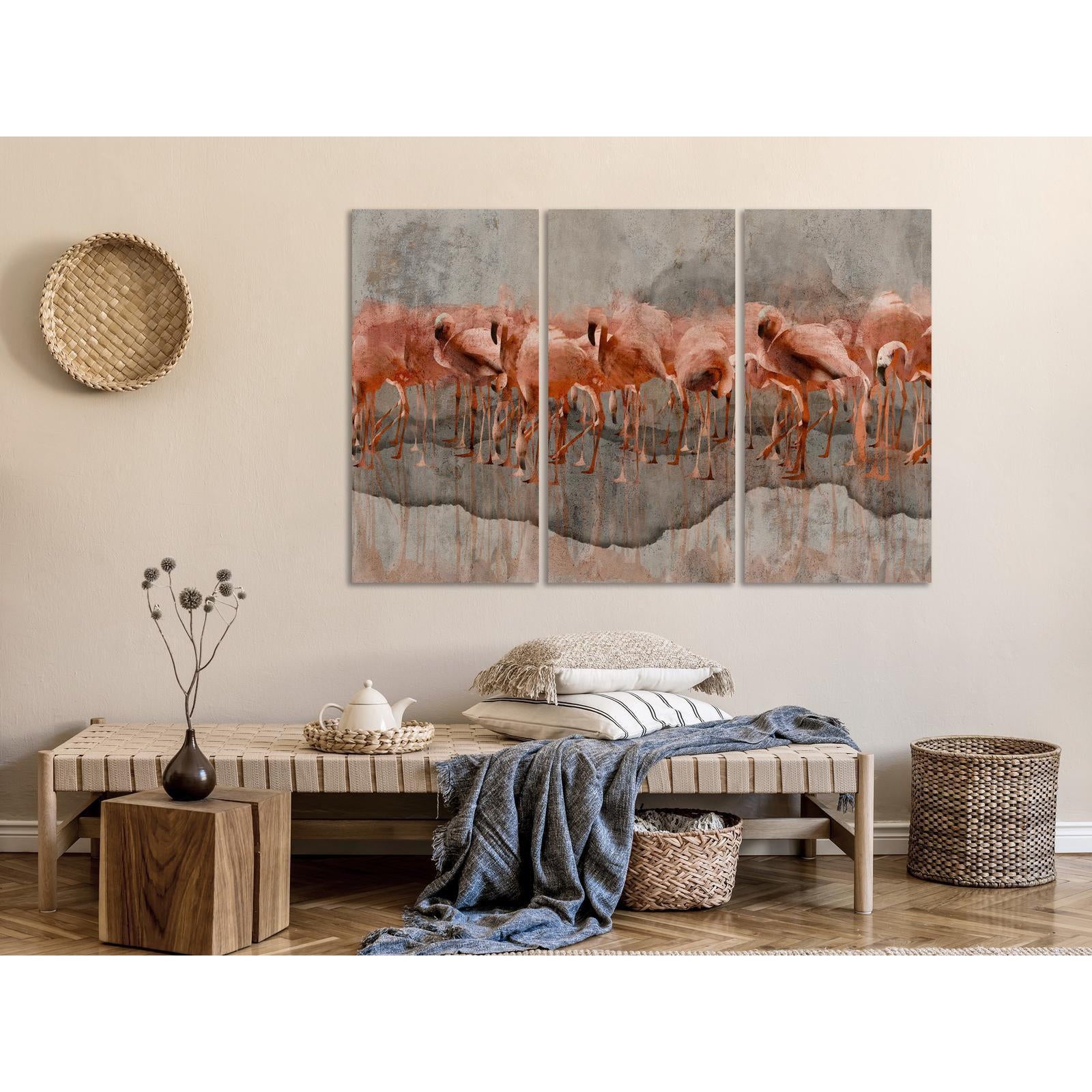 Canvas Tavla - Flamingo Lake (3 delar)-Tavla Canvas-Artgeist-peaceofhome.se