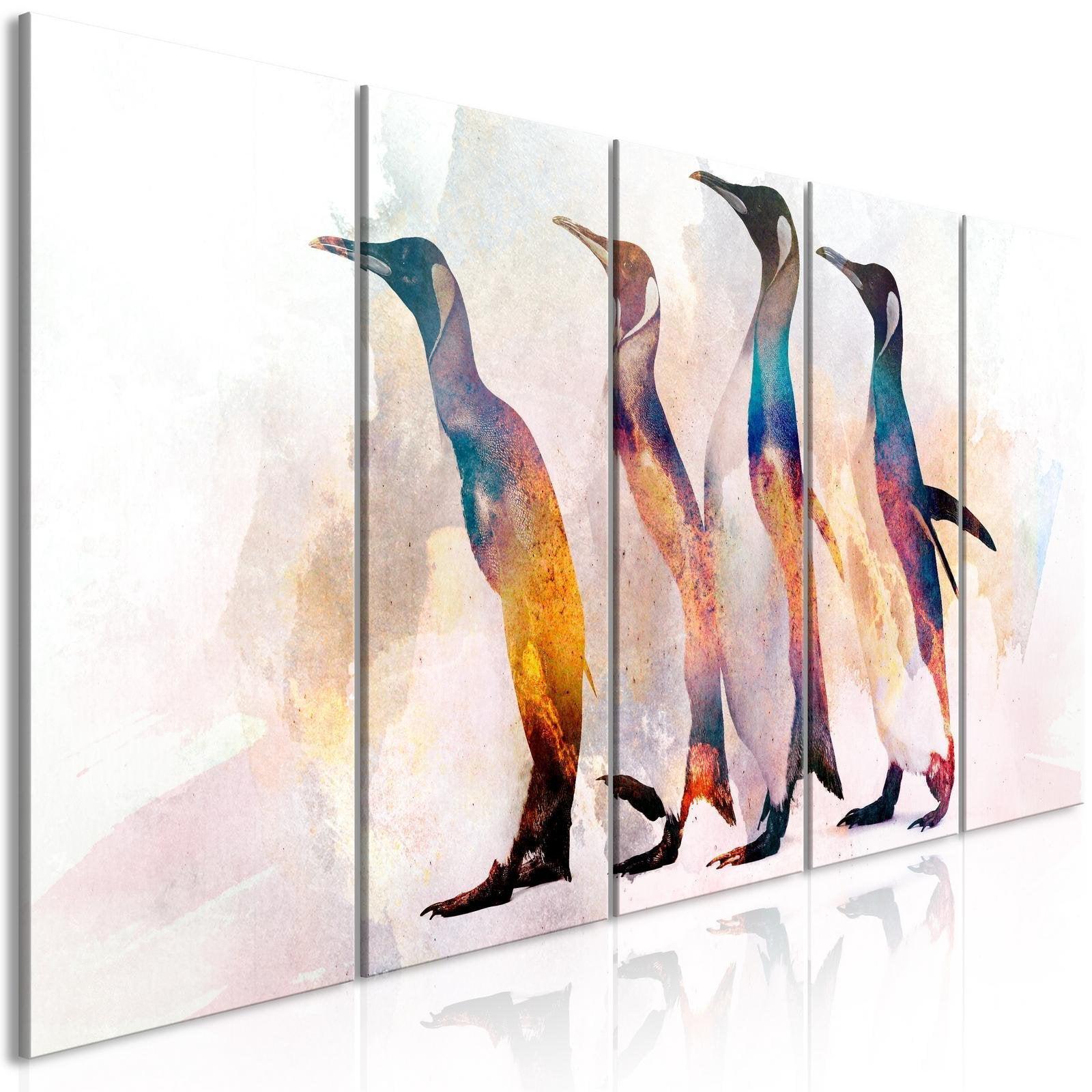 Canvas Tavla - Penguin Wandering (5 delar) Narrow-Tavla Canvas-Artgeist-100x40-peaceofhome.se