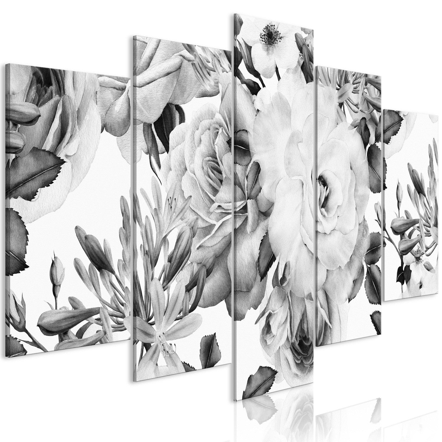 Canvas Tavla - Rose Composition (5 delar) Wide Black and White-Tavla Canvas-Artgeist-100x50-peaceofhome.se