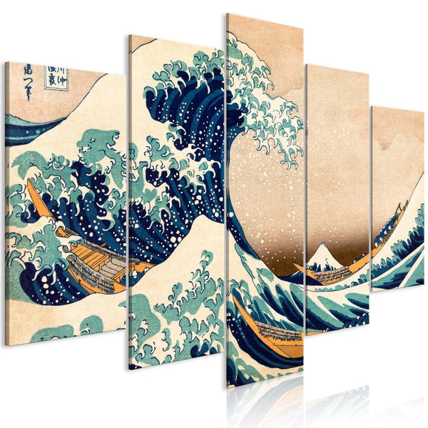 Canvas Tavla - The Great Wave off Kanagawa (5 delar) Wide-Tavla Canvas-Artgeist-100x50-peaceofhome.se