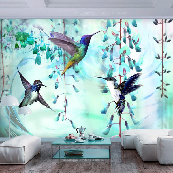 Fototapet - Flying Hummingbirds (Green)-Fototapet-Artgeist-100x70-peaceofhome.se