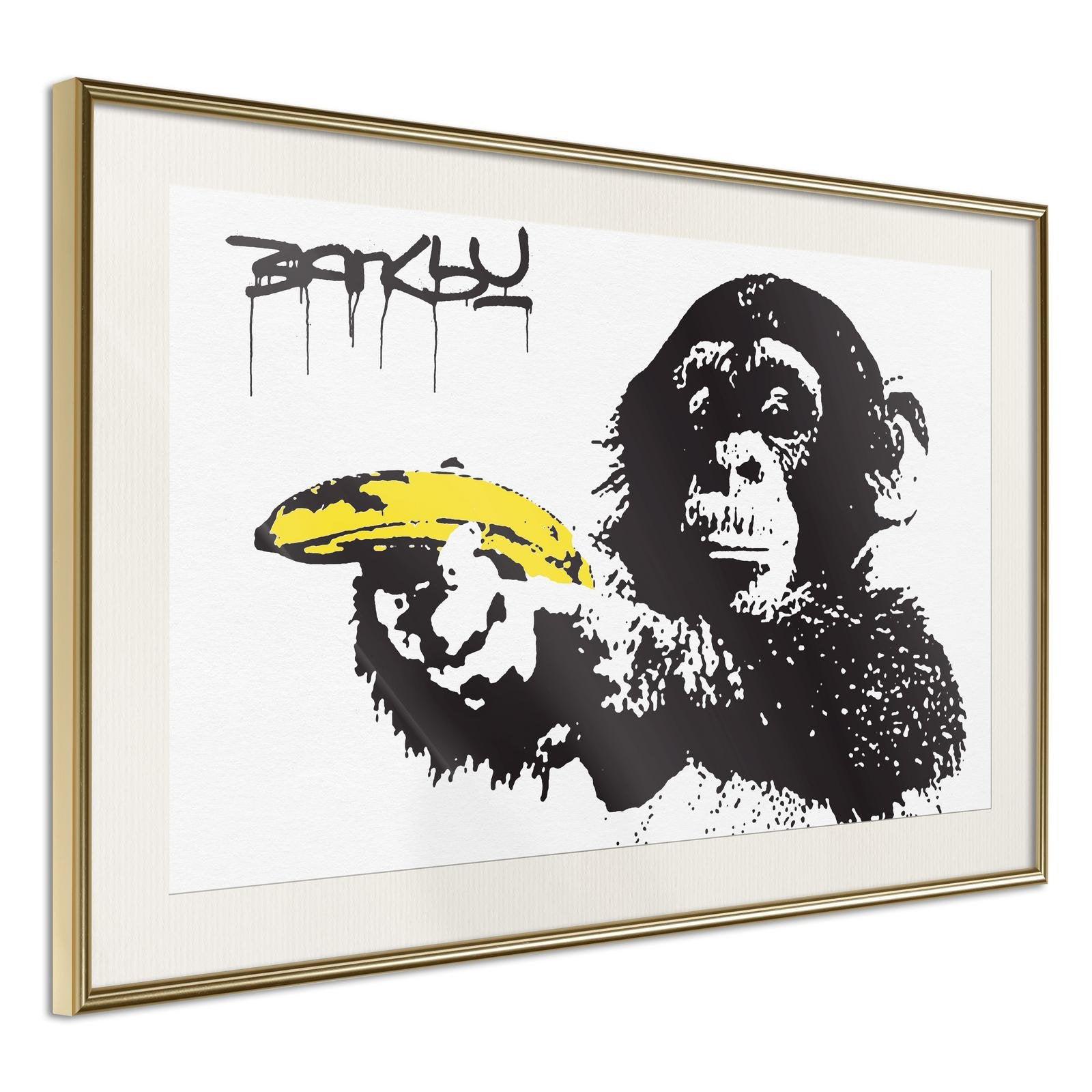 Inramad Poster / Tavla - Banksy: Banana Gun I-Poster Inramad-Artgeist-30x20-Guldram med passepartout-peaceofhome.se