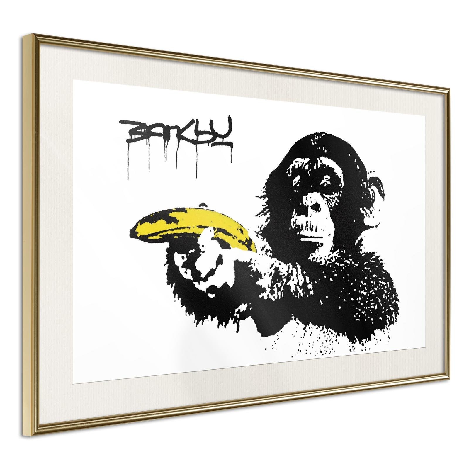 Inramad Poster / Tavla - Banksy: Banana Gun II-Poster Inramad-Artgeist-30x20-Guldram med passepartout-peaceofhome.se