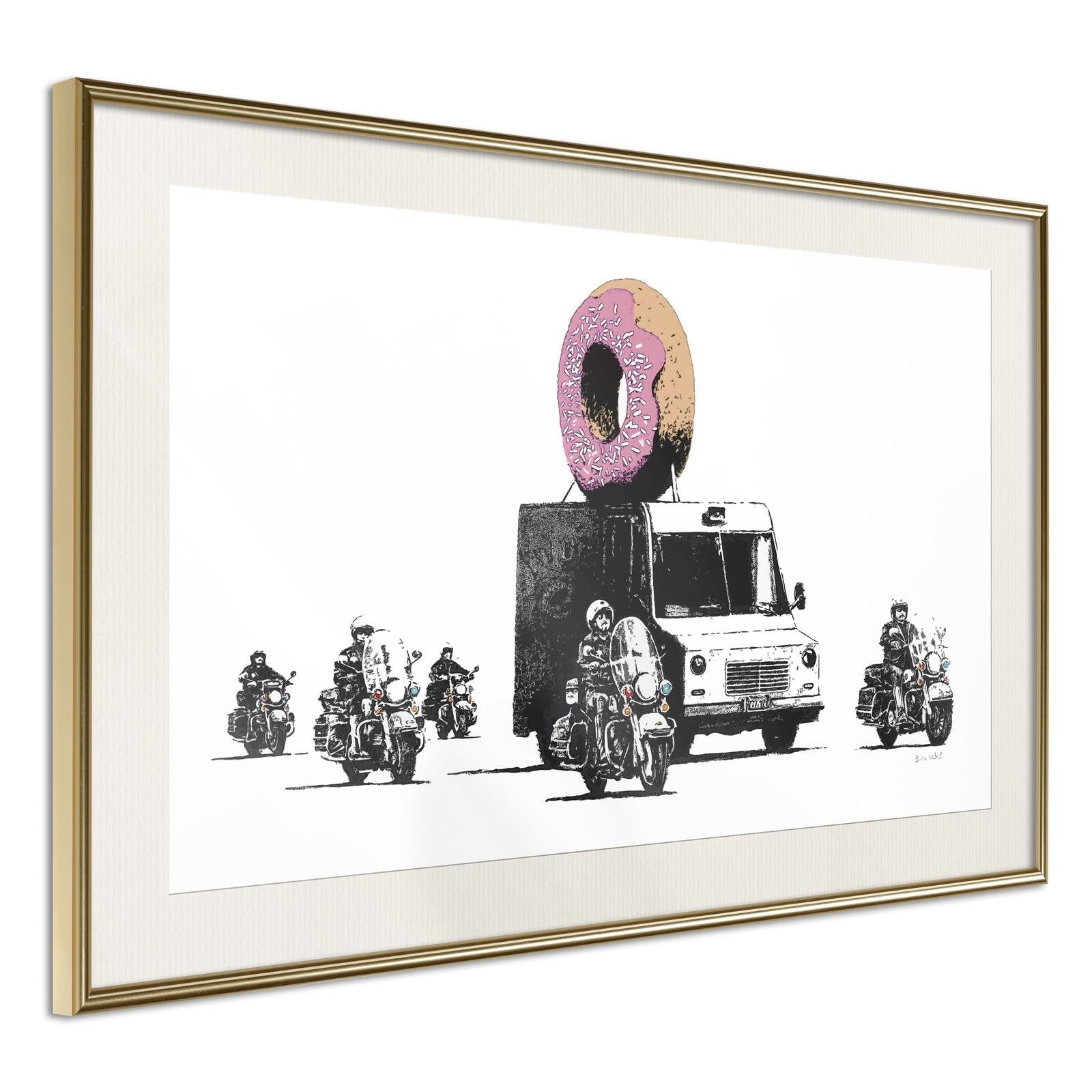Inramad Poster / Tavla - Banksy: Donuts (Strawberry)-Poster Inramad-Artgeist-30x20-Guldram med passepartout-peaceofhome.se