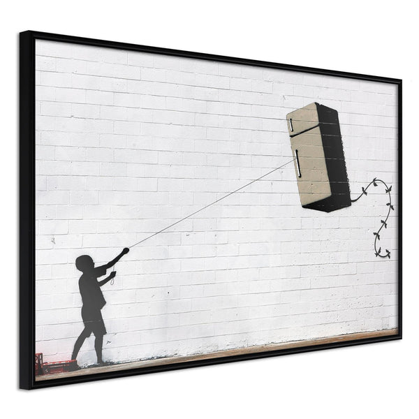 Inramad Poster / Tavla - Banksy: Fridge Kite-Poster Inramad-Artgeist-30x20-Svart ram-peaceofhome.se