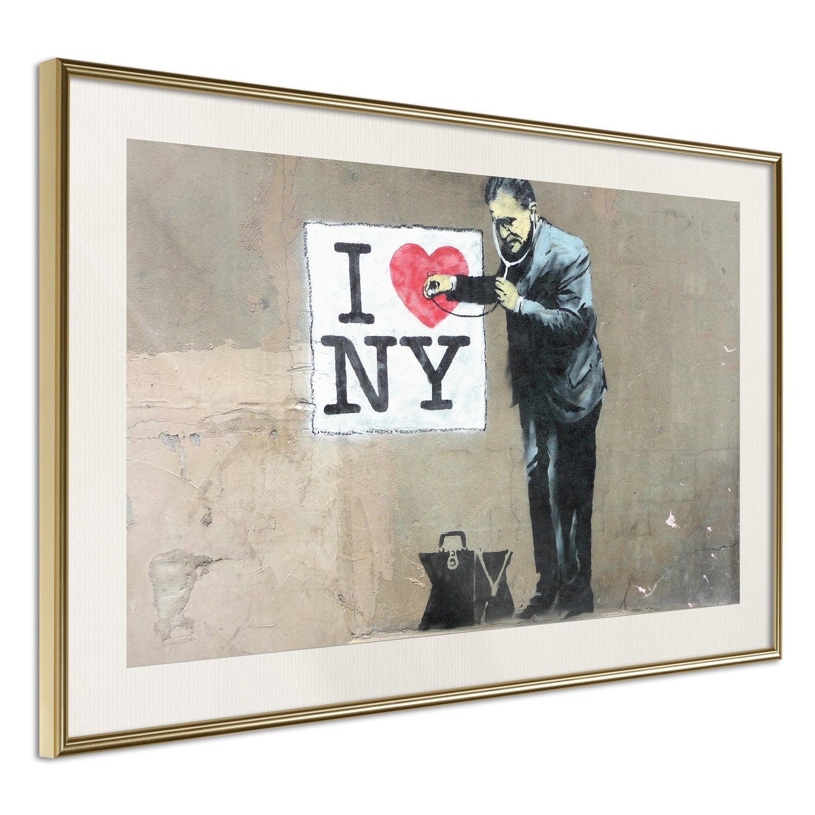 Inramad Poster / Tavla - Banksy: I Heart NY-Poster Inramad-Artgeist-30x20-Guldram med passepartout-peaceofhome.se