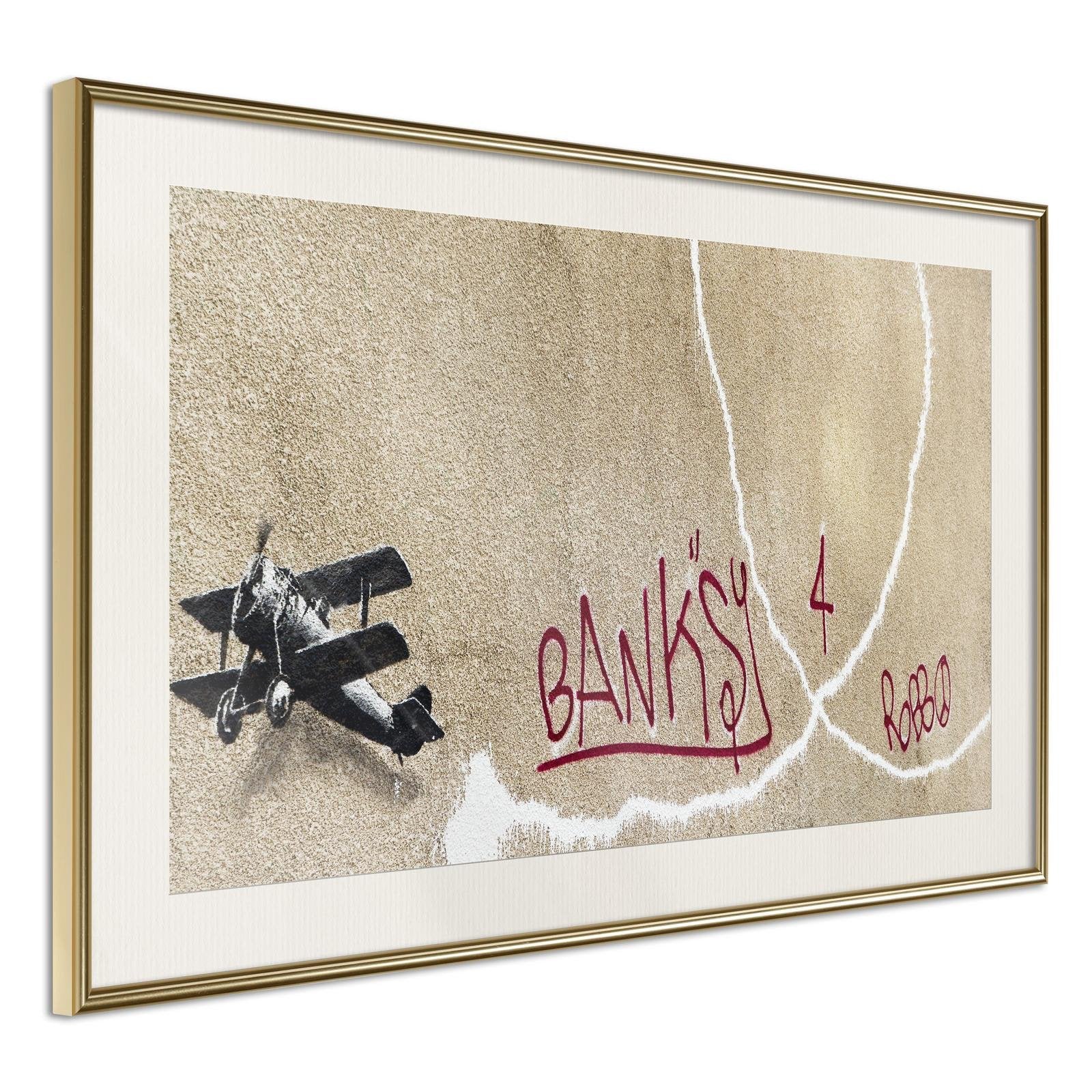 Inramad Poster / Tavla - Banksy: Love Plane-Poster Inramad-Artgeist-30x20-Guldram med passepartout-peaceofhome.se