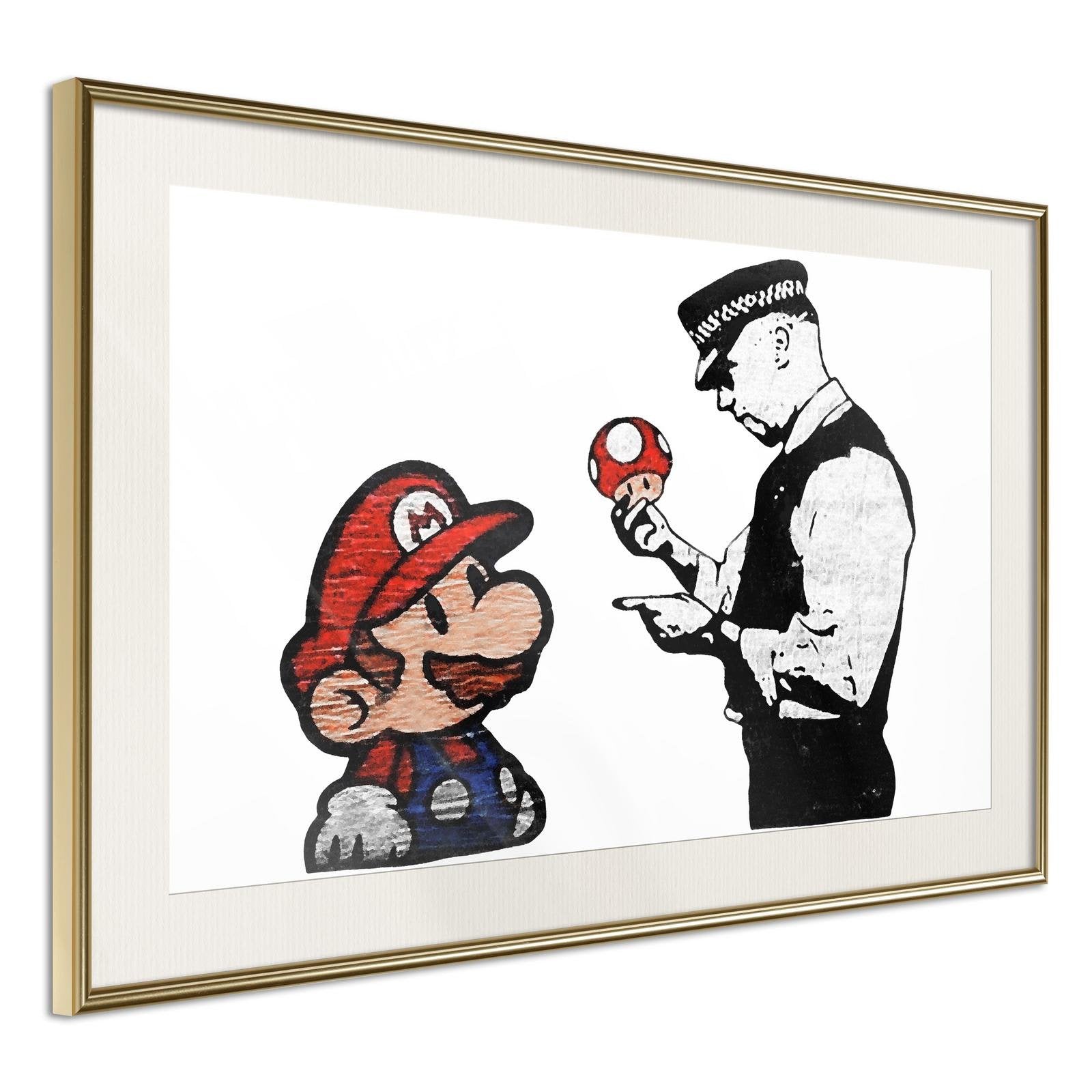 Inramad Poster / Tavla - Banksy: Mario and Copper-Poster Inramad-Artgeist-30x20-Guldram med passepartout-peaceofhome.se