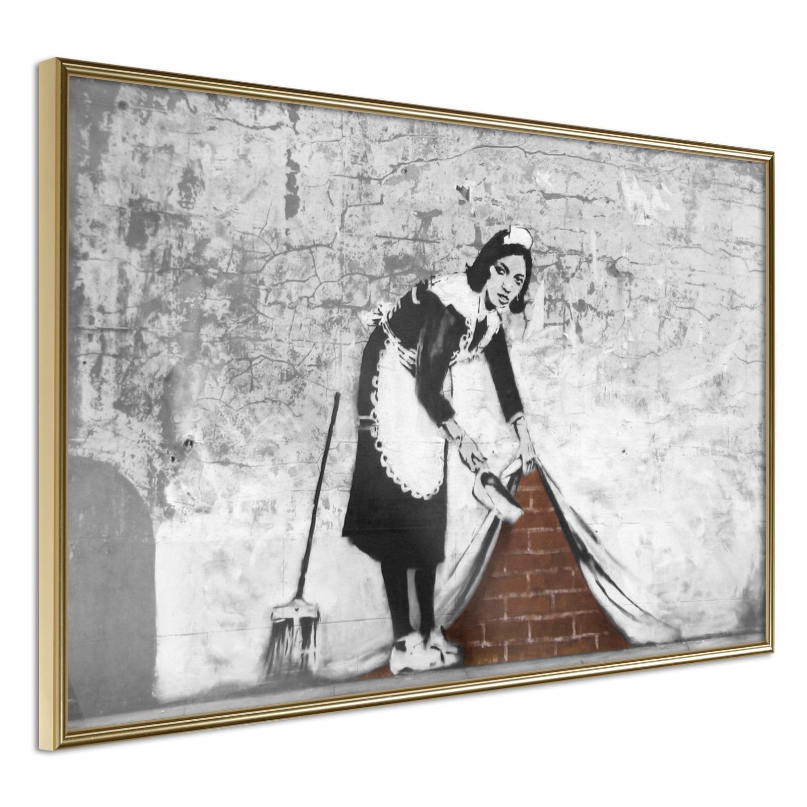Inramad Poster / Tavla - Banksy: Sweep it Under the Carpet-Poster Inramad-Artgeist-30x20-Guldram-peaceofhome.se