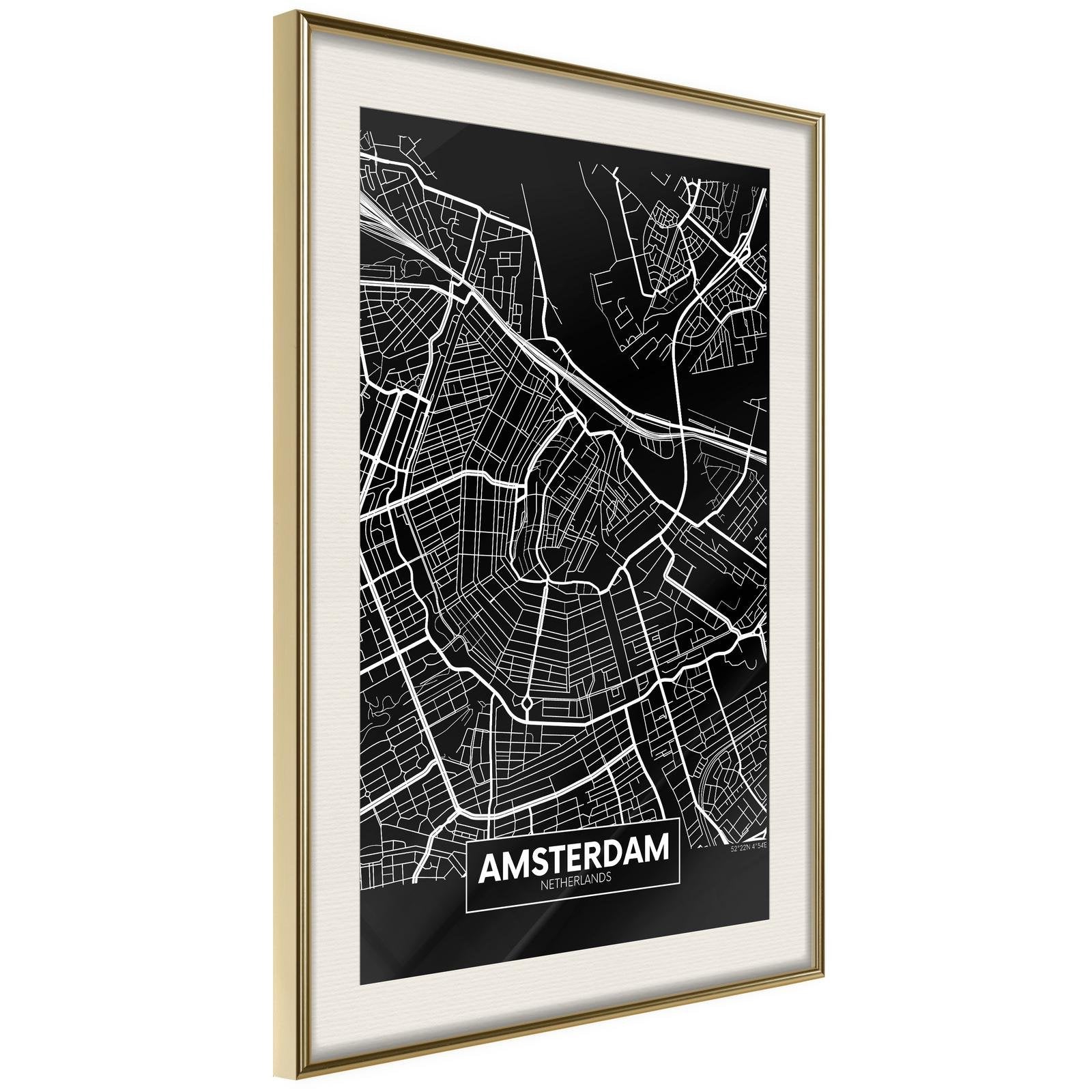Inramad Poster / Tavla - City Map: Amsterdam (Dark)-Poster Inramad-Artgeist-20x30-Guldram med passepartout-peaceofhome.se