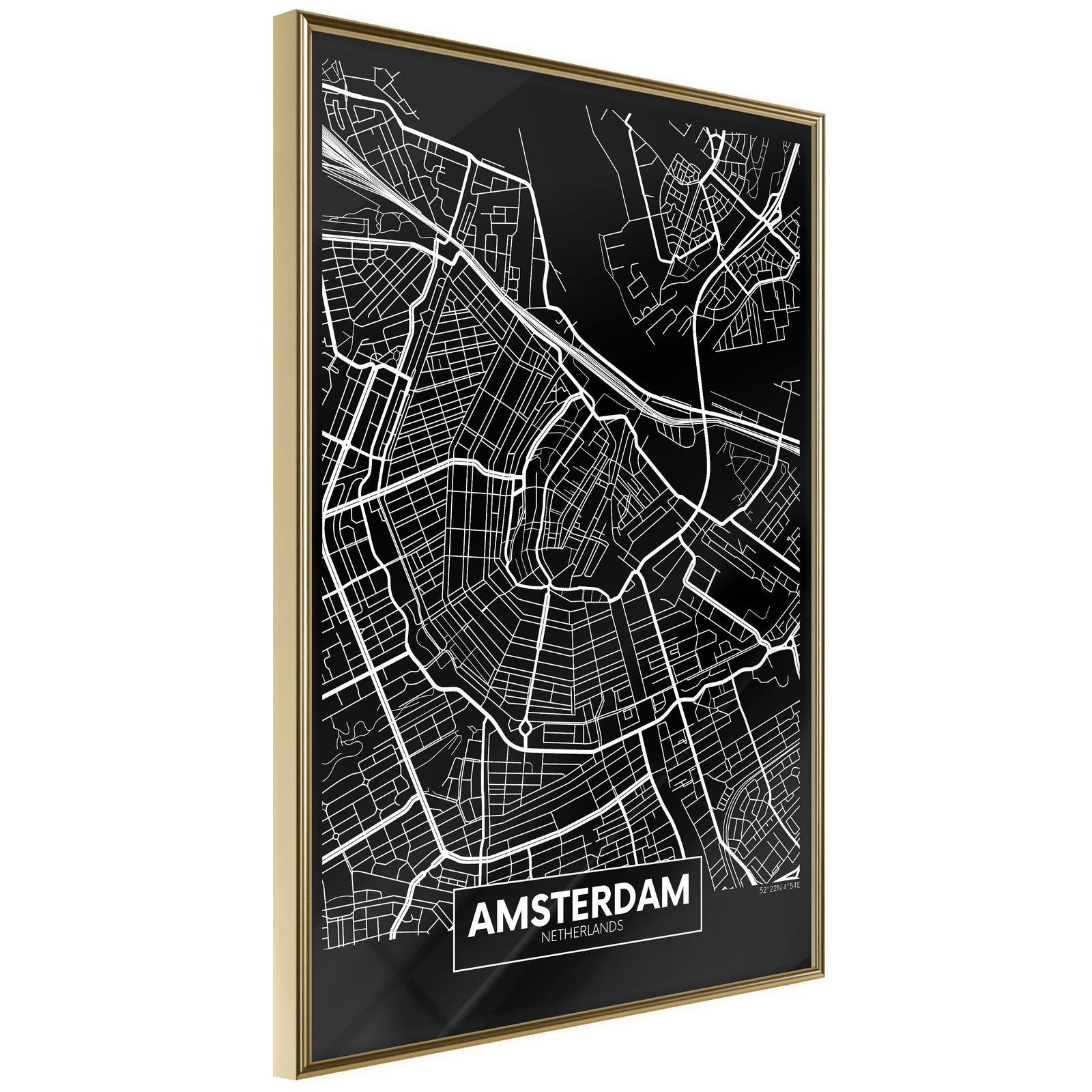 Inramad Poster / Tavla - City Map: Amsterdam (Dark)-Poster Inramad-Artgeist-20x30-Guldram-peaceofhome.se