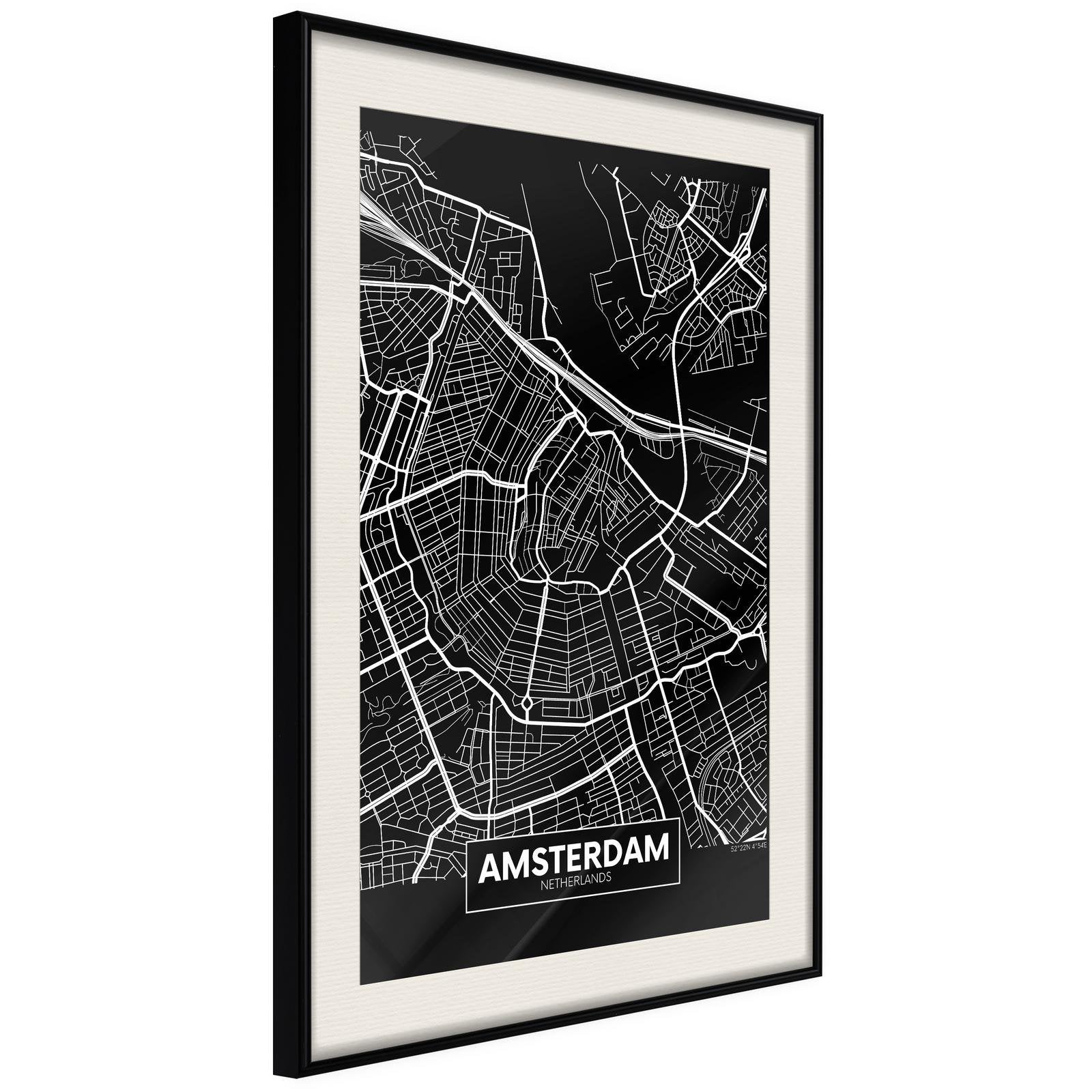 Inramad Poster / Tavla - City Map: Amsterdam (Dark)-Poster Inramad-Artgeist-20x30-Svart ram med passepartout-peaceofhome.se