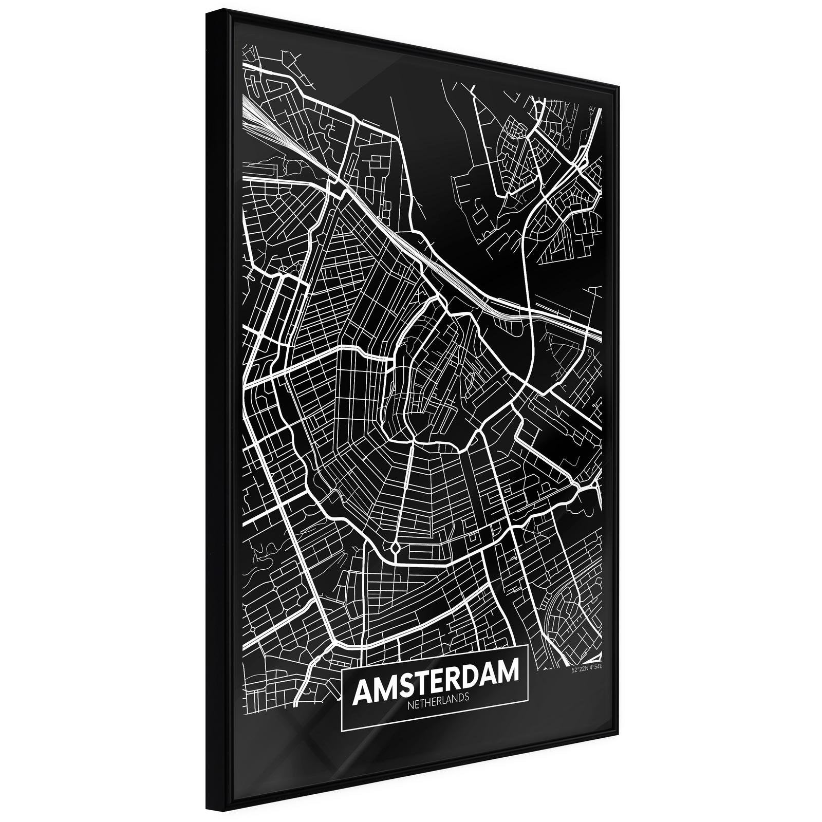Inramad Poster / Tavla - City Map: Amsterdam (Dark)-Poster Inramad-Artgeist-20x30-Svart ram-peaceofhome.se
