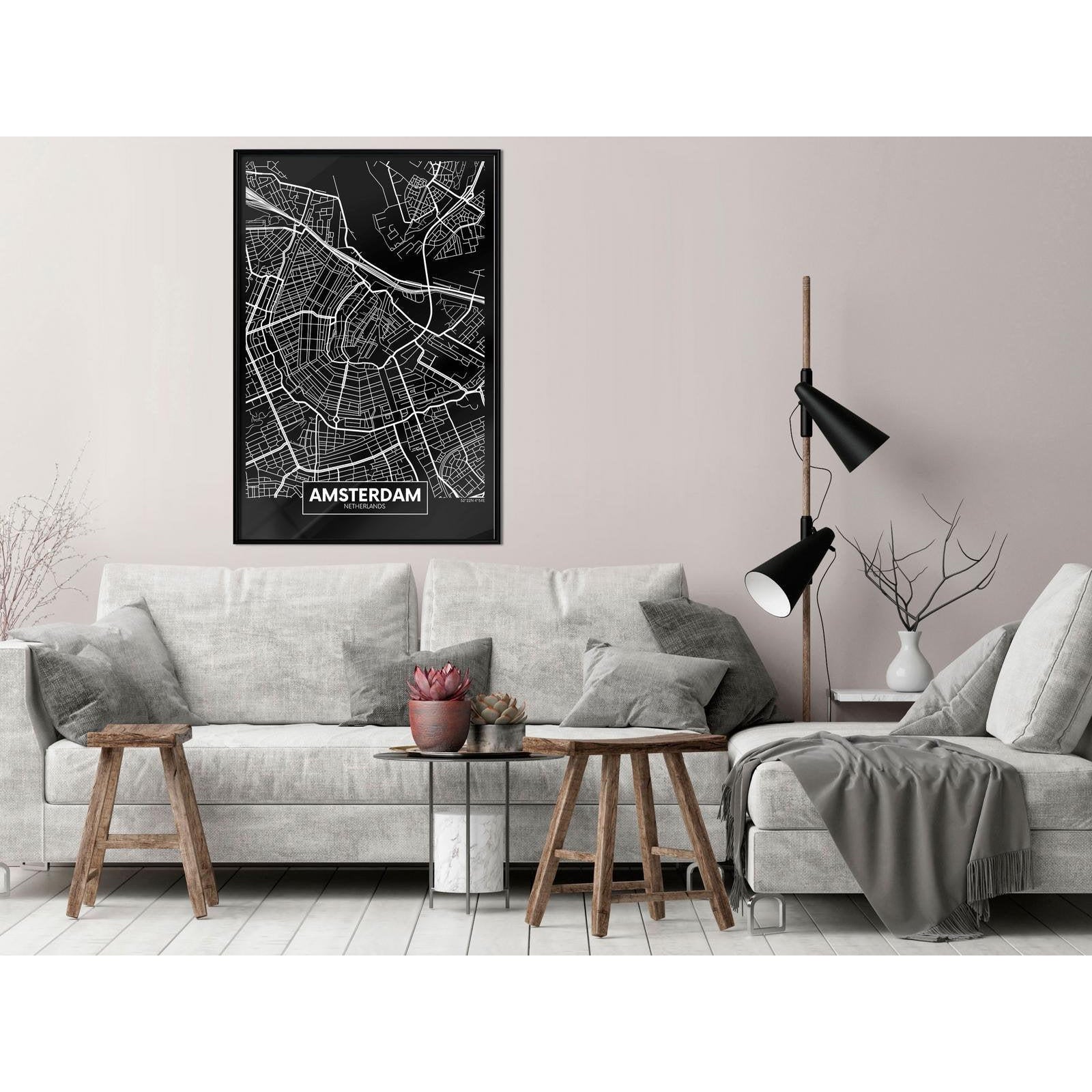 Inramad Poster / Tavla - City Map: Amsterdam (Dark)-Poster Inramad-Artgeist-peaceofhome.se