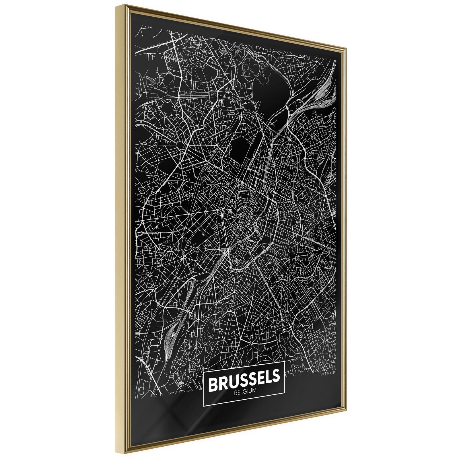 Inramad Poster / Tavla - City Map: Brussels (Dark)-Poster Inramad-Artgeist-20x30-Guldram-peaceofhome.se