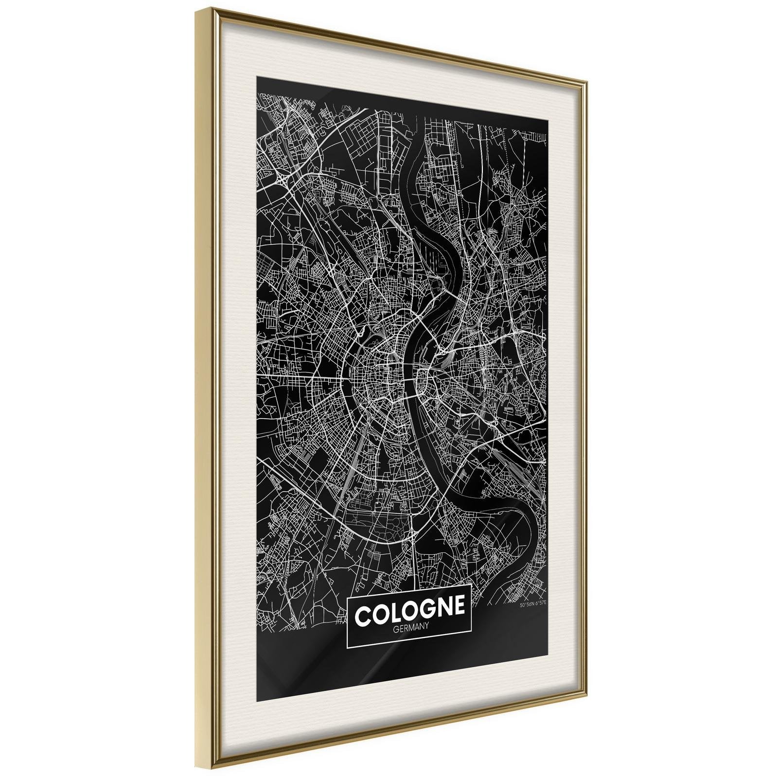 Inramad Poster / Tavla - City Map: Cologne (Dark)-Poster Inramad-Artgeist-20x30-Guldram med passepartout-peaceofhome.se