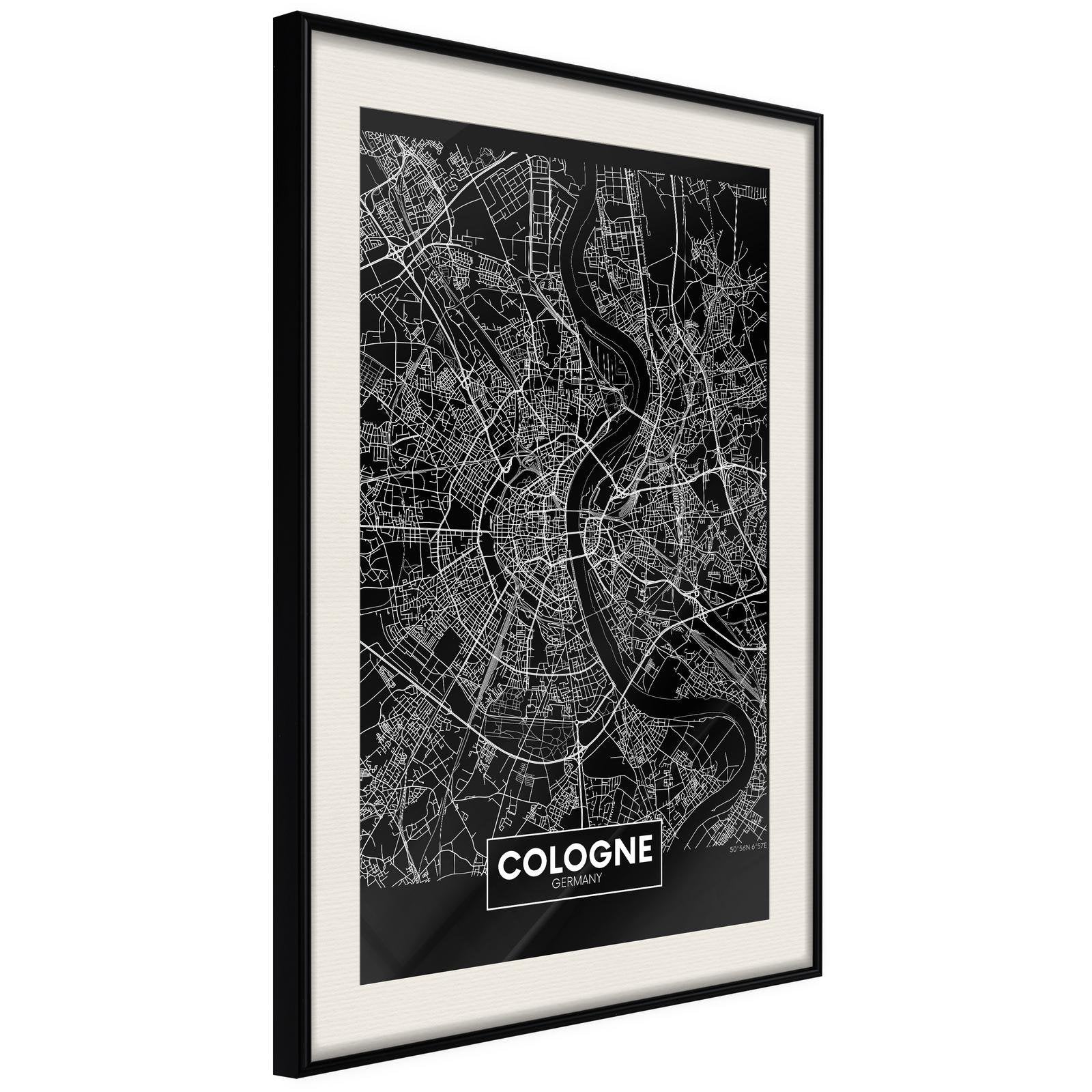 Inramad Poster / Tavla - City Map: Cologne (Dark)-Poster Inramad-Artgeist-20x30-Svart ram med passepartout-peaceofhome.se