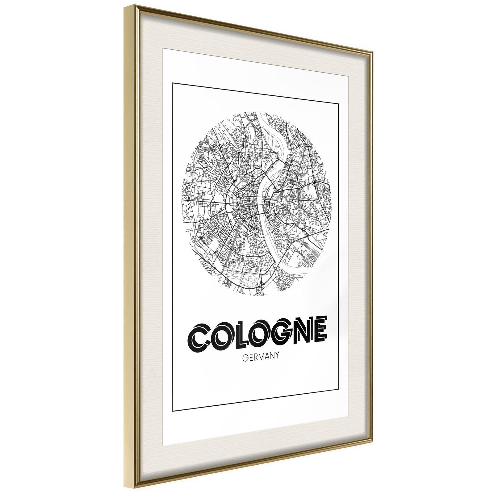 Inramad Poster / Tavla - City Map: Cologne (Round)-Poster Inramad-Artgeist-20x30-Guldram med passepartout-peaceofhome.se
