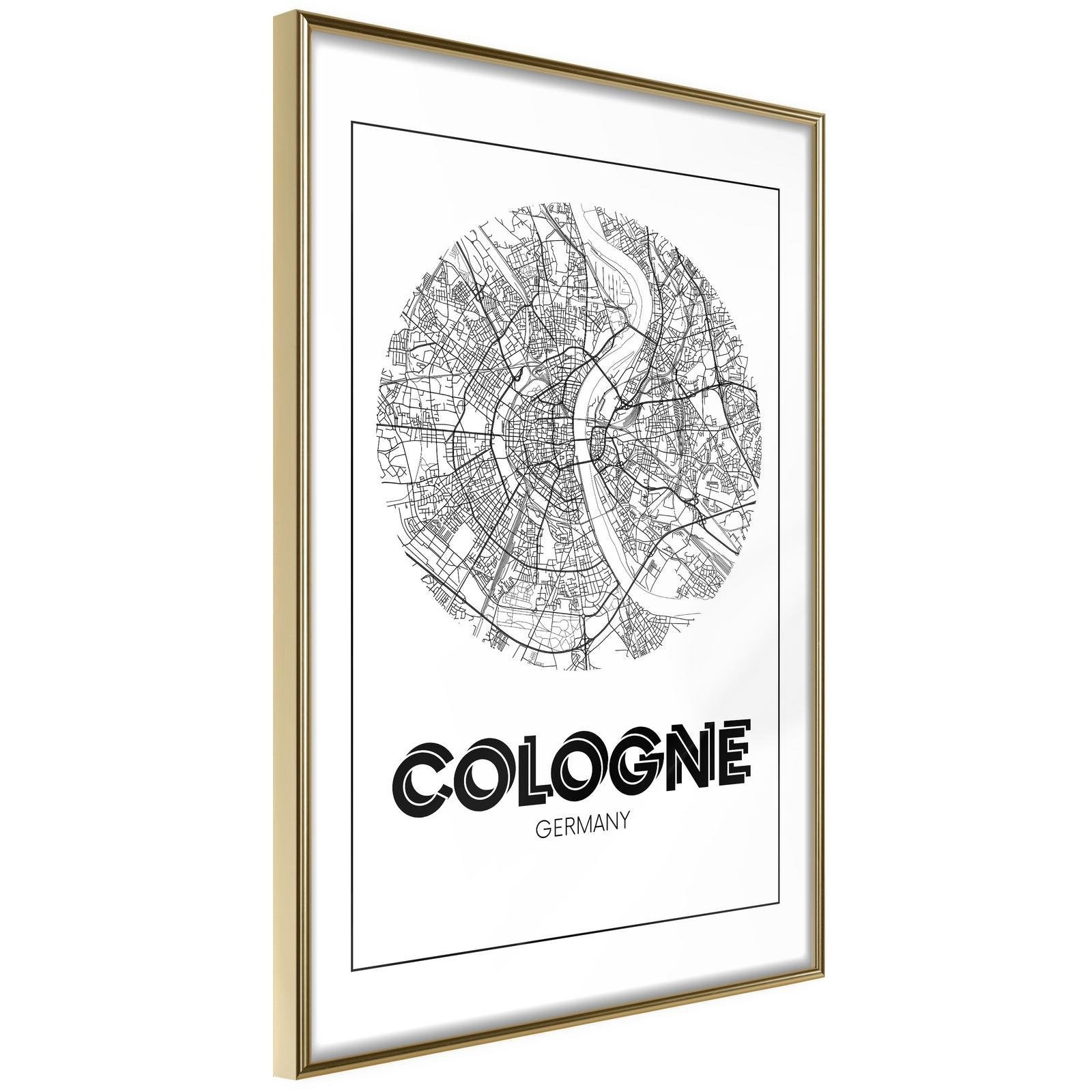 Inramad Poster / Tavla - City Map: Cologne (Round)-Poster Inramad-Artgeist-20x30-Guldram-peaceofhome.se