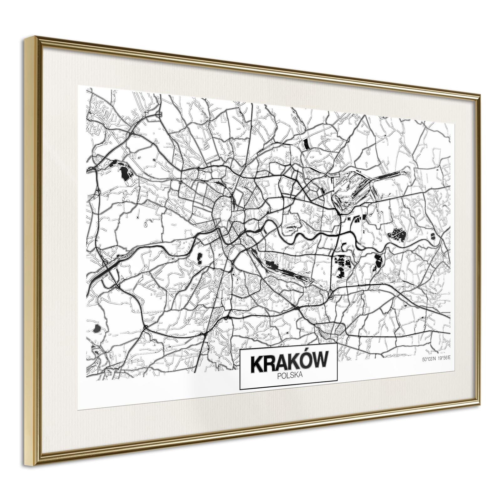Inramad Poster / Tavla - City Map: Cracow-Poster Inramad-Artgeist-90x60-Guldram med passepartout-peaceofhome.se
