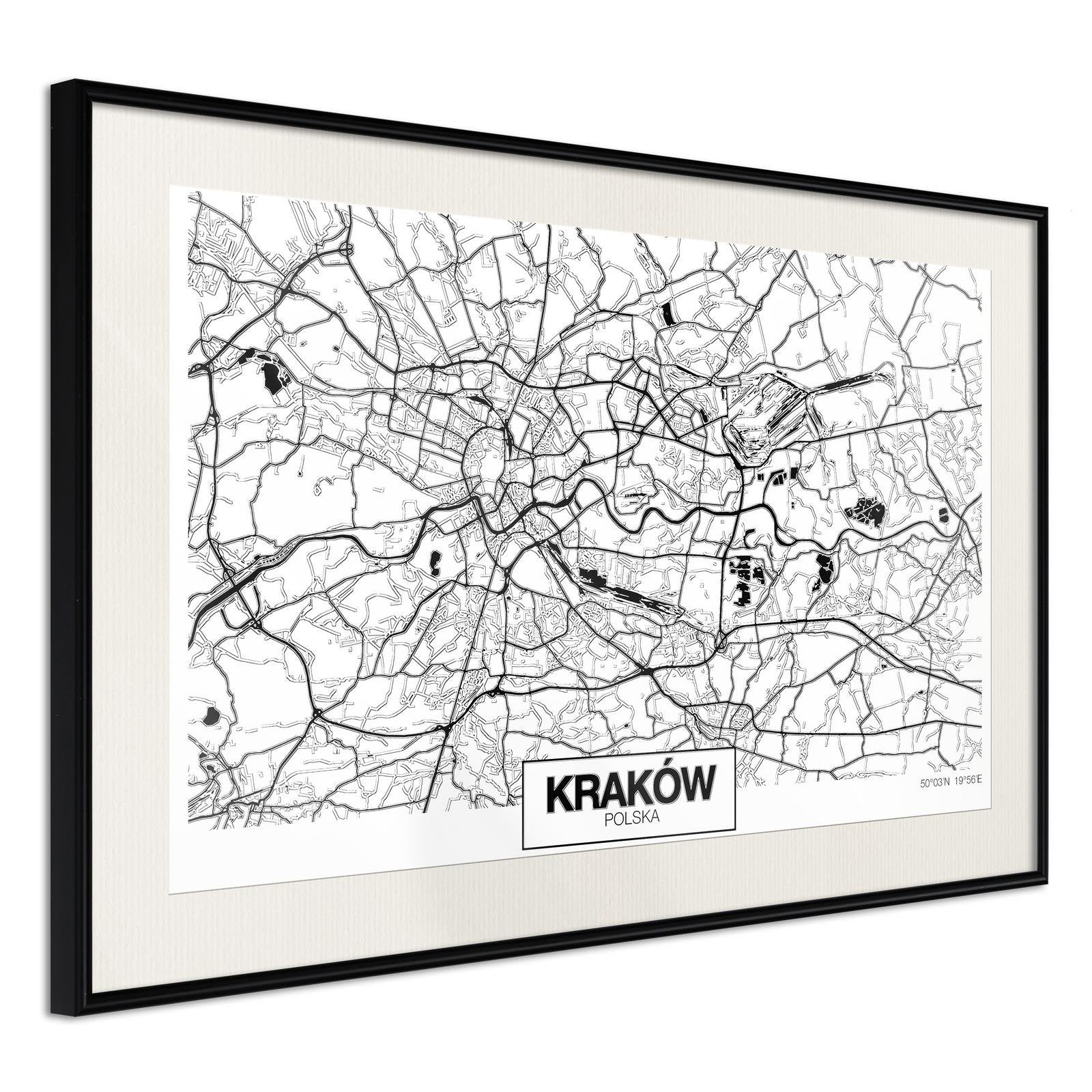 Inramad Poster / Tavla - City Map: Cracow-Poster Inramad-Artgeist-90x60-Svart ram med passepartout-peaceofhome.se