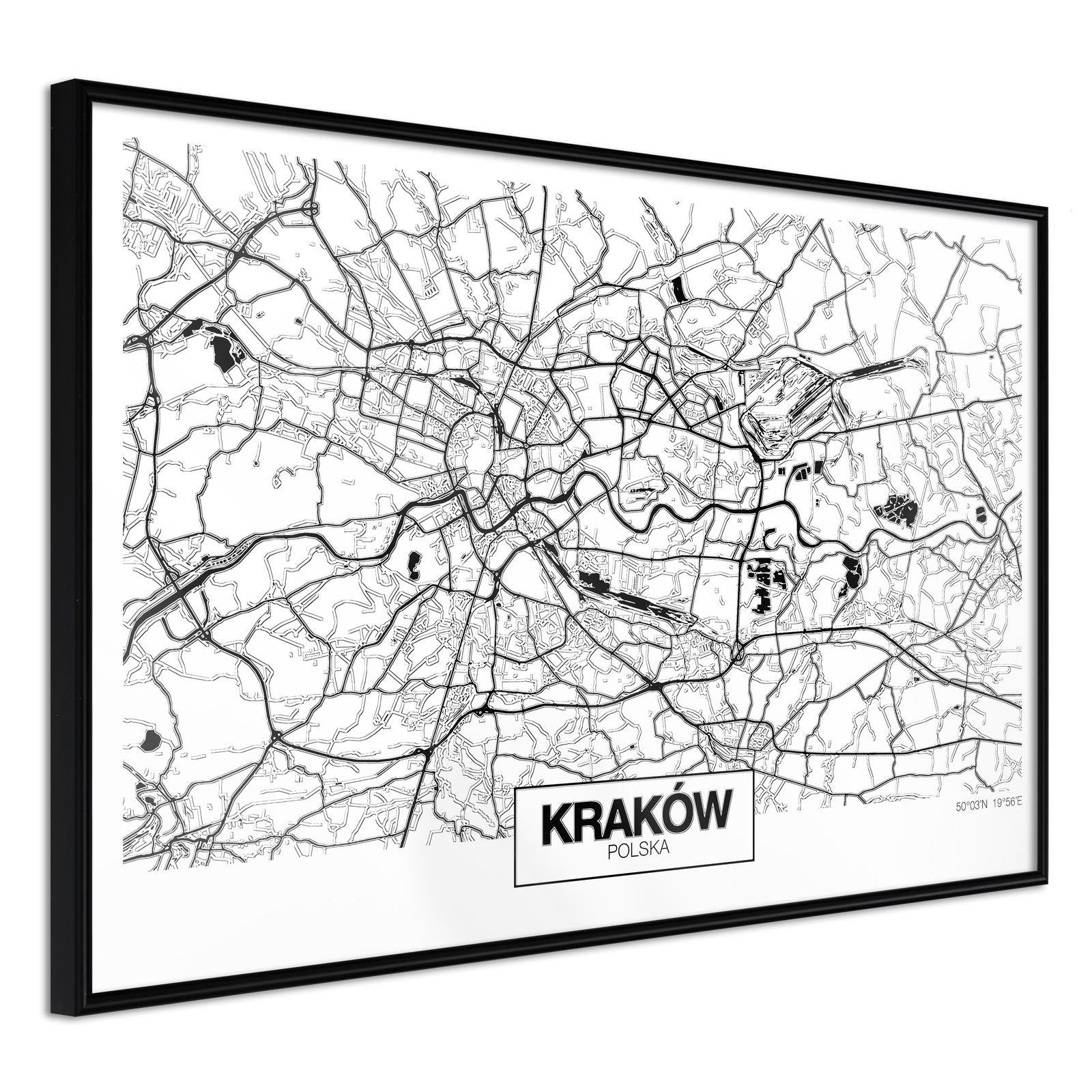 Inramad Poster / Tavla - City Map: Cracow-Poster Inramad-Artgeist-90x60-Svart ram-peaceofhome.se