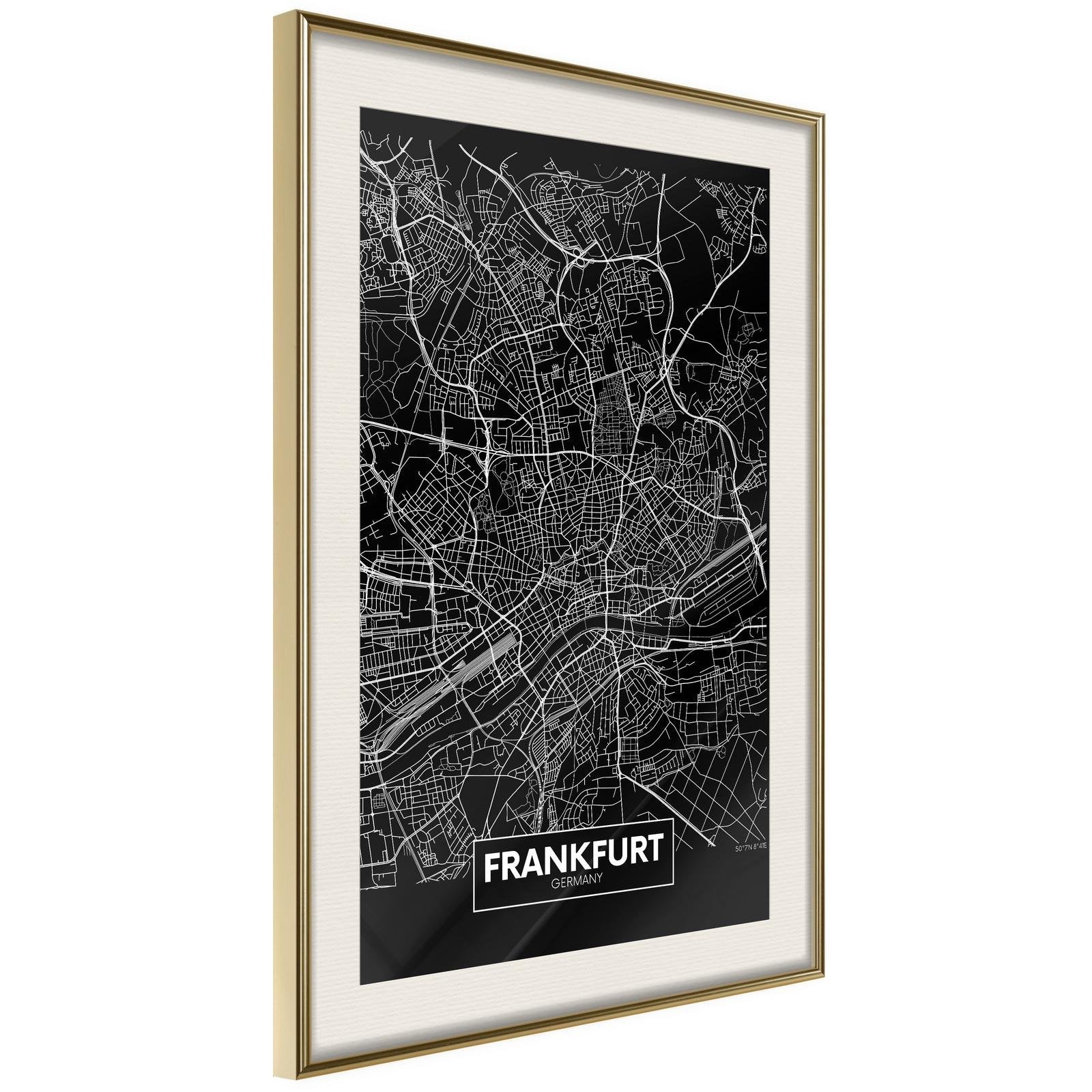 Inramad Poster / Tavla - City Map: Frankfurt (Dark)-Poster Inramad-Artgeist-20x30-Guldram med passepartout-peaceofhome.se