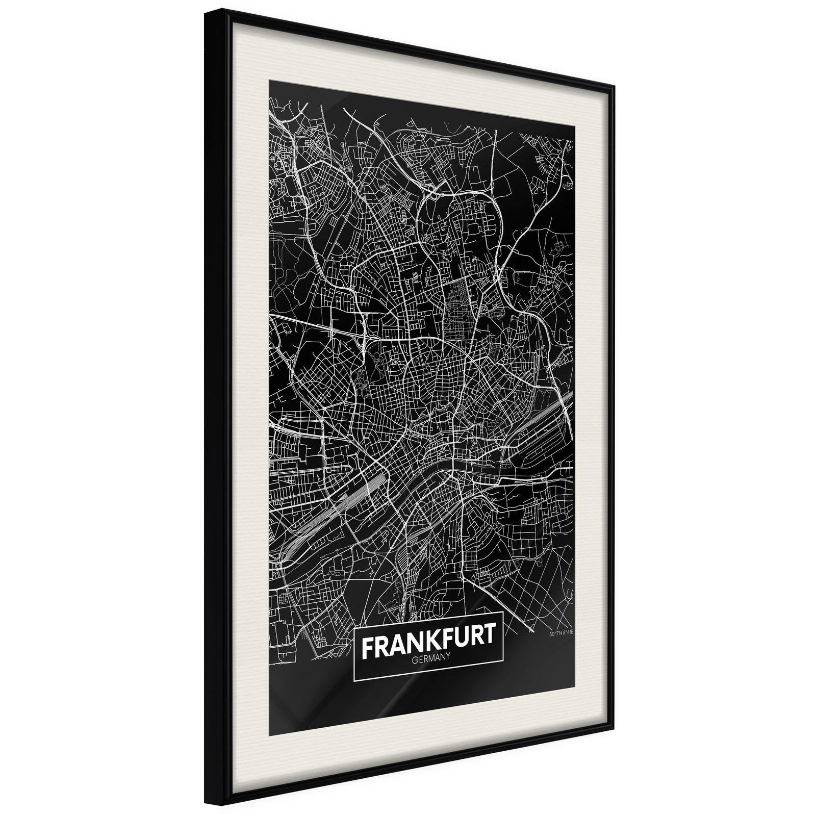 Inramad Poster / Tavla - City Map: Frankfurt (Dark)-Poster Inramad-Artgeist-20x30-Svart ram med passepartout-peaceofhome.se