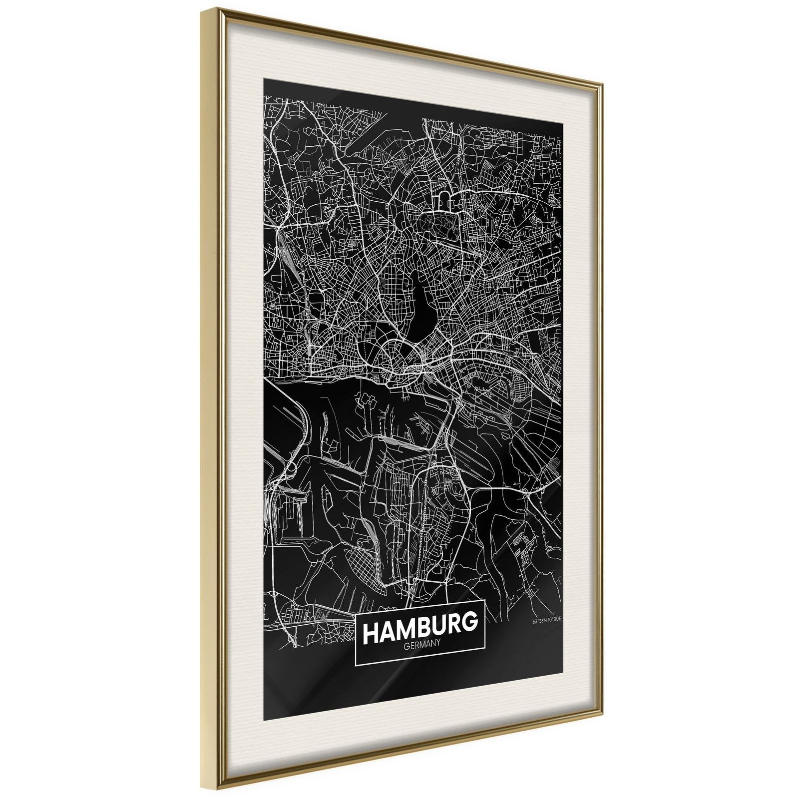 Inramad Poster / Tavla - City Map: Hamburg (Dark)-Poster Inramad-Artgeist-20x30-Guldram med passepartout-peaceofhome.se
