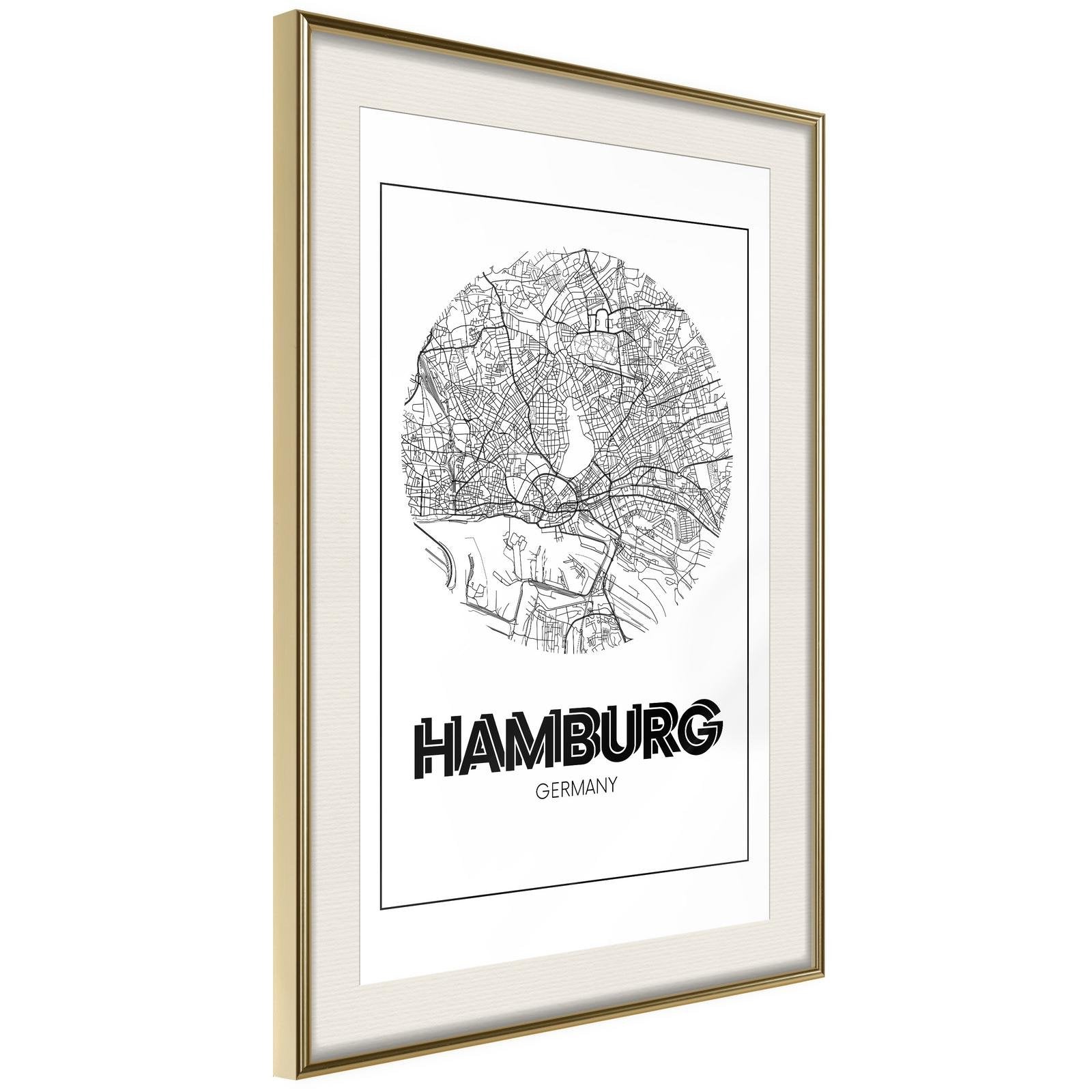 Inramad Poster / Tavla - City Map: Hamburg (Round)-Poster Inramad-Artgeist-20x30-Guldram med passepartout-peaceofhome.se