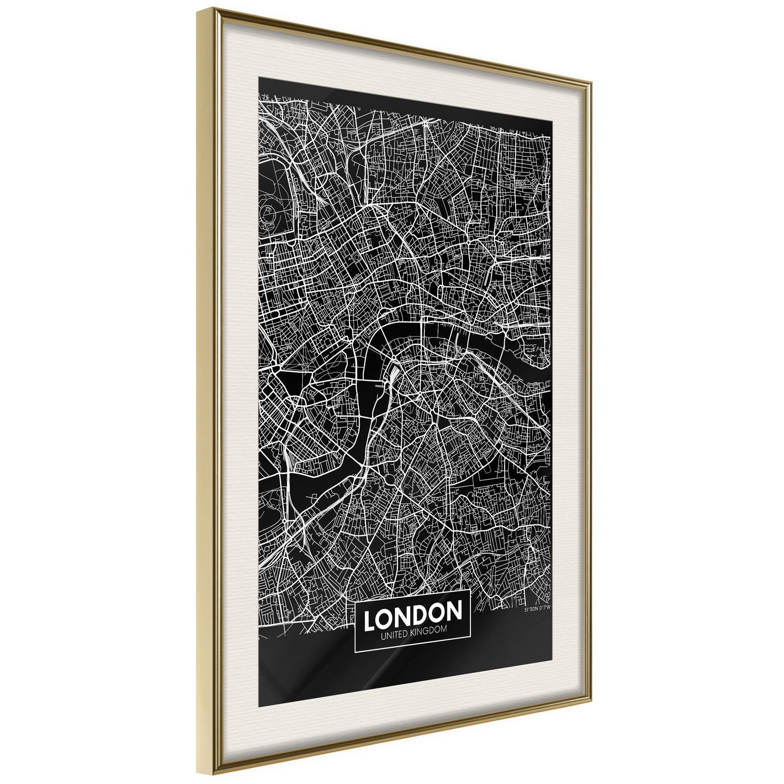 Inramad Poster / Tavla - City Map: London (Dark)-Poster Inramad-Artgeist-20x30-Guldram med passepartout-peaceofhome.se