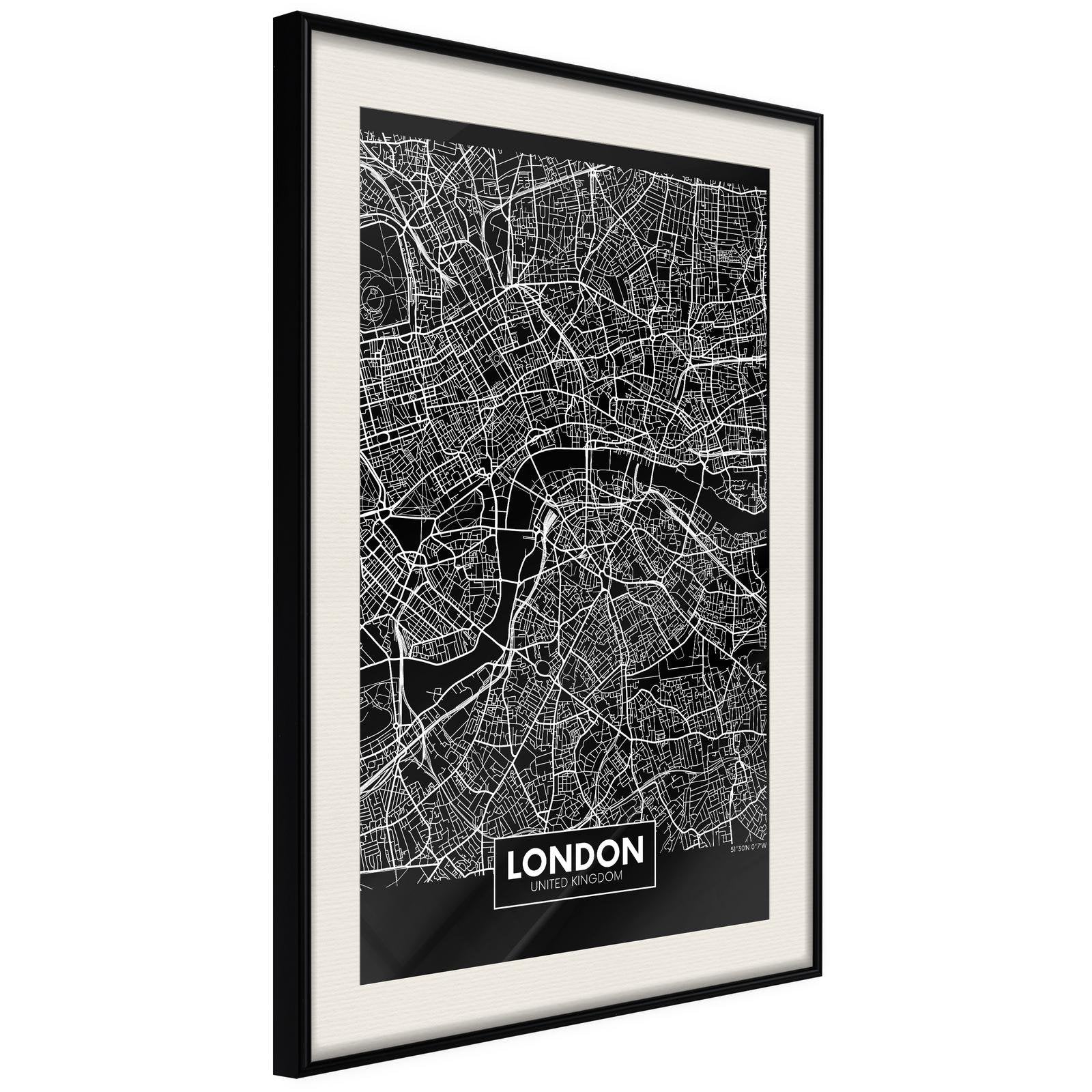Inramad Poster / Tavla - City Map: London (Dark)-Poster Inramad-Artgeist-20x30-Svart ram med passepartout-peaceofhome.se