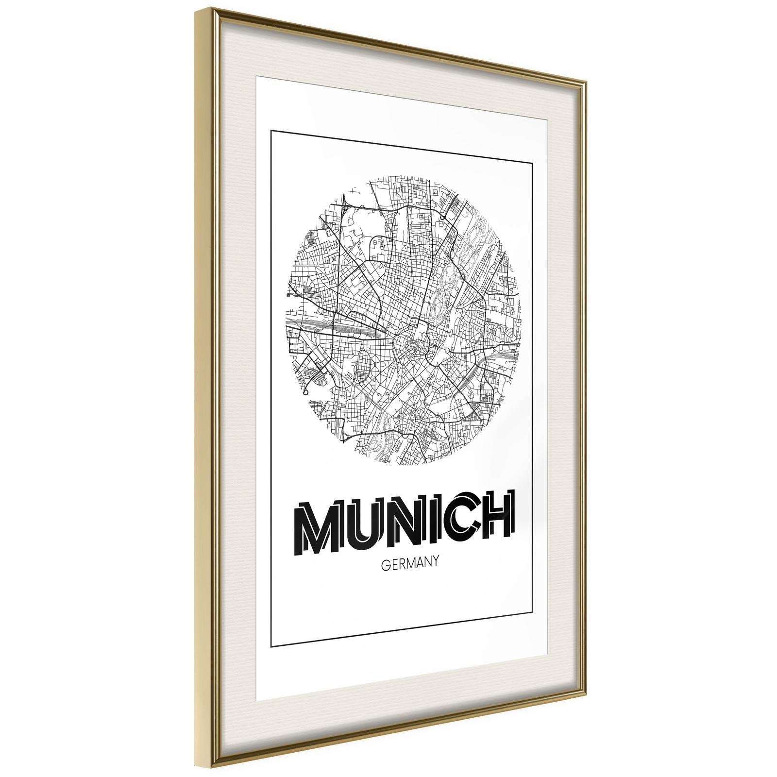 Inramad Poster / Tavla - City Map: Munich (Round)-Poster Inramad-Artgeist-20x30-Guldram med passepartout-peaceofhome.se