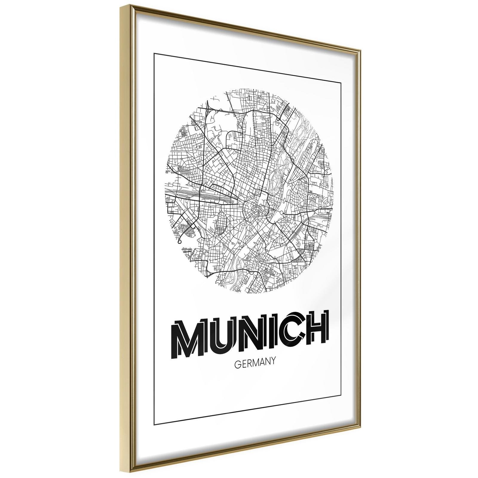 Inramad Poster / Tavla - City Map: Munich (Round)-Poster Inramad-Artgeist-20x30-Guldram-peaceofhome.se
