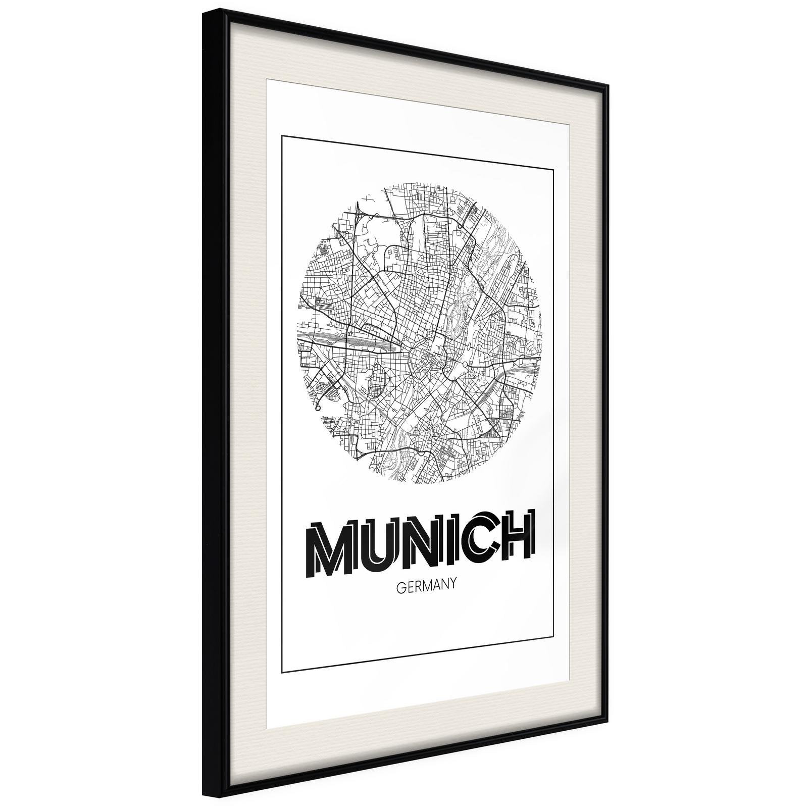 Inramad Poster / Tavla - City Map: Munich (Round)-Poster Inramad-Artgeist-20x30-Svart ram med passepartout-peaceofhome.se
