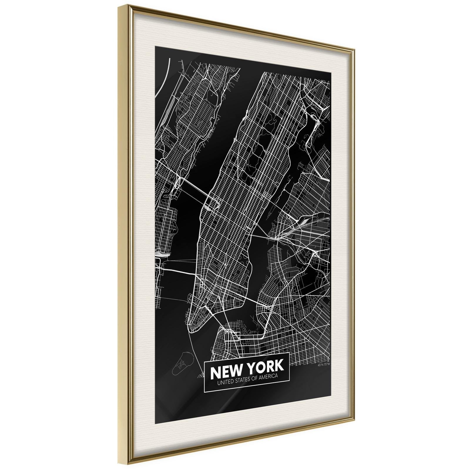 Inramad Poster / Tavla - City Map: New York (Dark)-Poster Inramad-Artgeist-20x30-Guldram med passepartout-peaceofhome.se