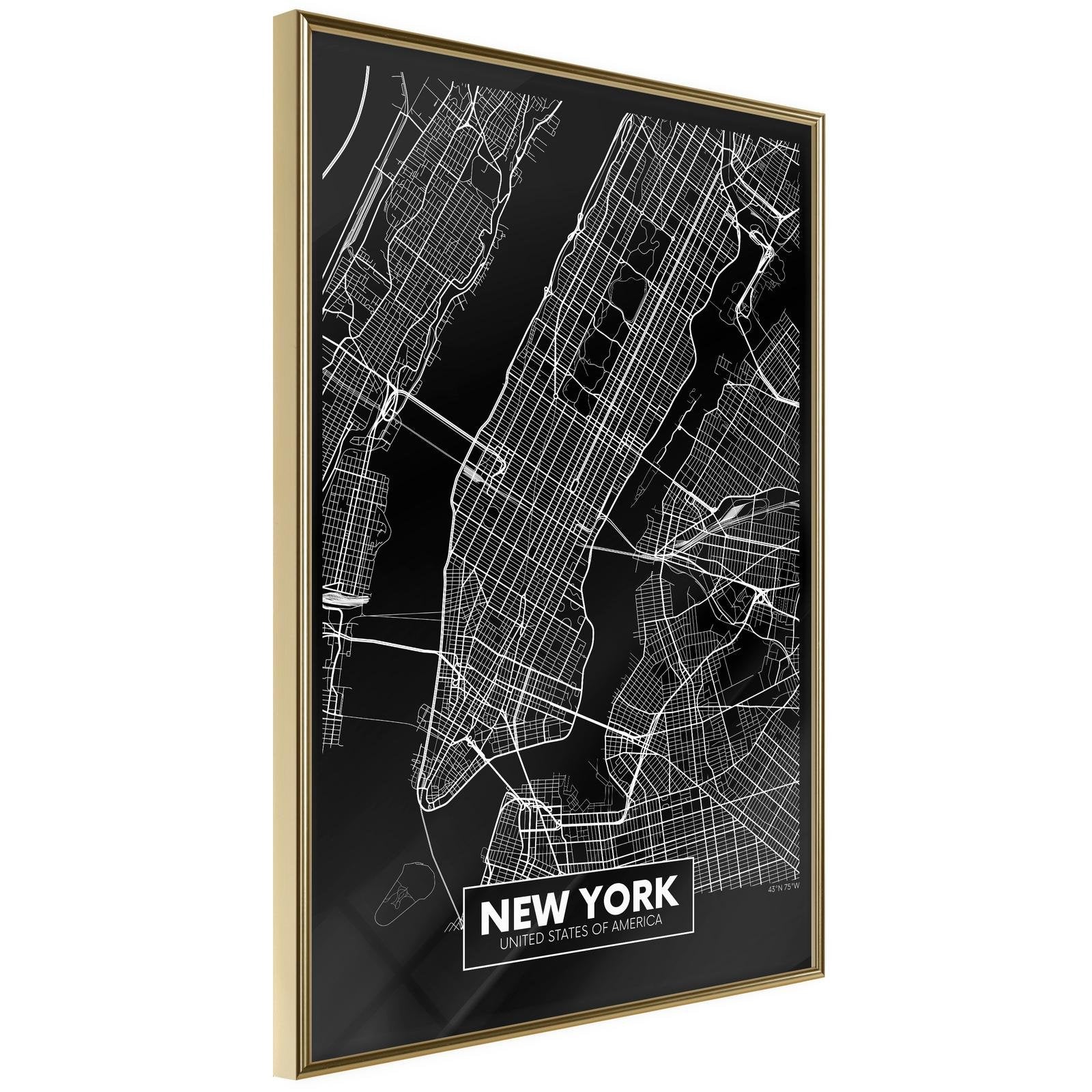 Inramad Poster / Tavla - City Map: New York (Dark)-Poster Inramad-Artgeist-20x30-Guldram-peaceofhome.se