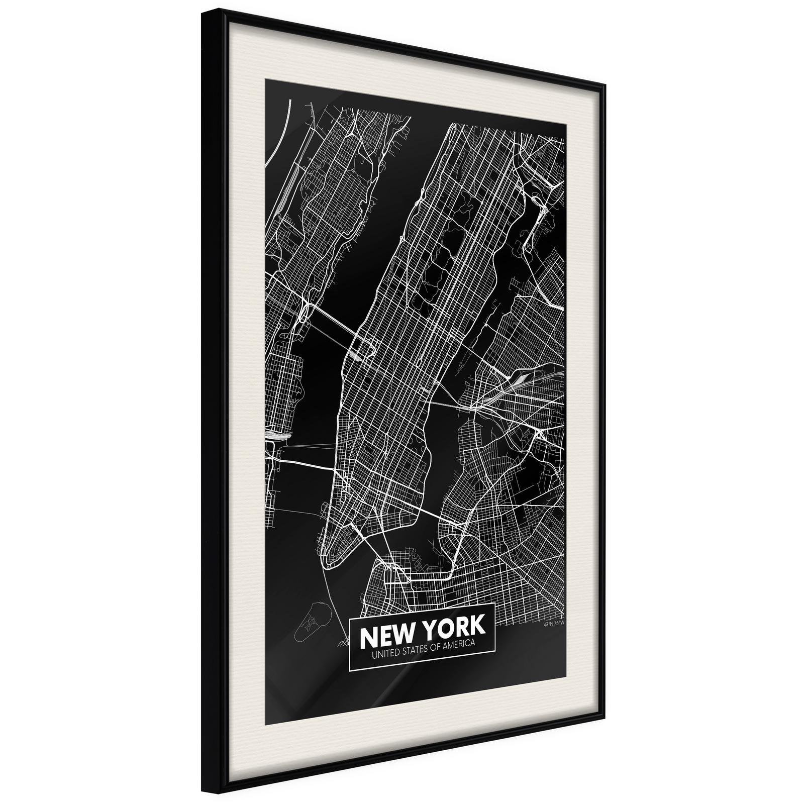 Inramad Poster / Tavla - City Map: New York (Dark)-Poster Inramad-Artgeist-20x30-Svart ram med passepartout-peaceofhome.se