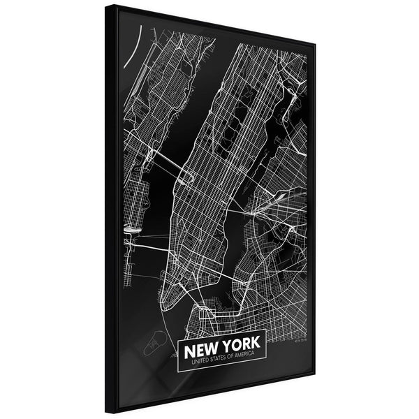 Inramad Poster / Tavla - City Map: New York (Dark)-Poster Inramad-Artgeist-20x30-Svart ram-peaceofhome.se