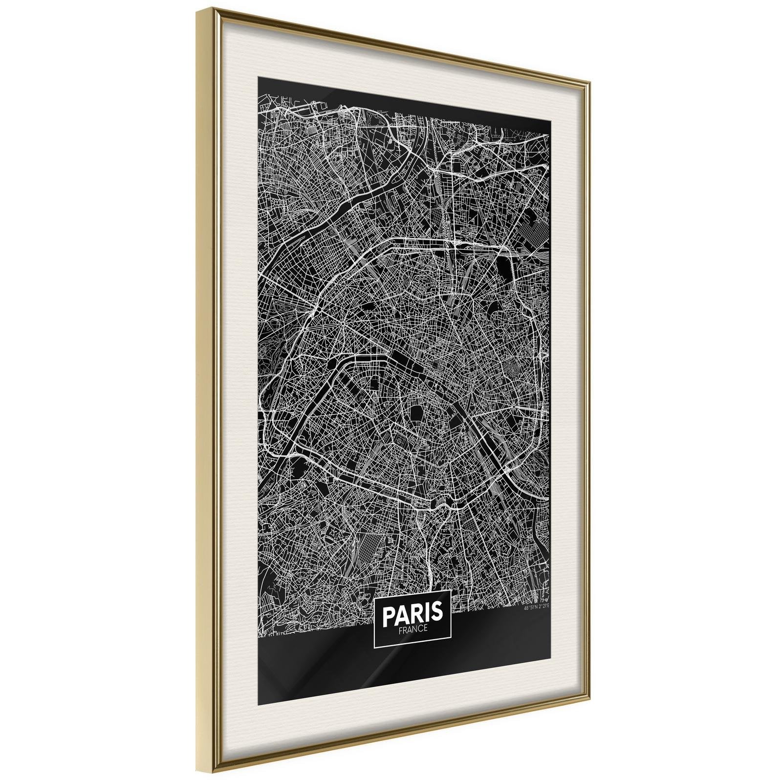 Inramad Poster / Tavla - City Map: Paris (Dark)-Poster Inramad-Artgeist-20x30-Guldram med passepartout-peaceofhome.se