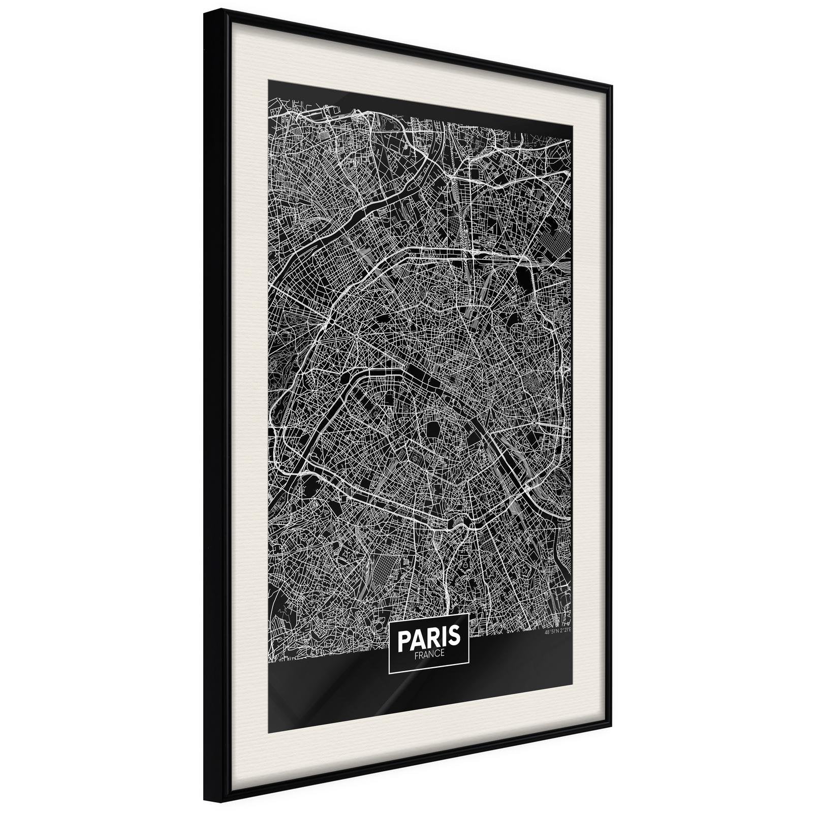 Inramad Poster / Tavla - City Map: Paris (Dark)-Poster Inramad-Artgeist-20x30-Svart ram med passepartout-peaceofhome.se